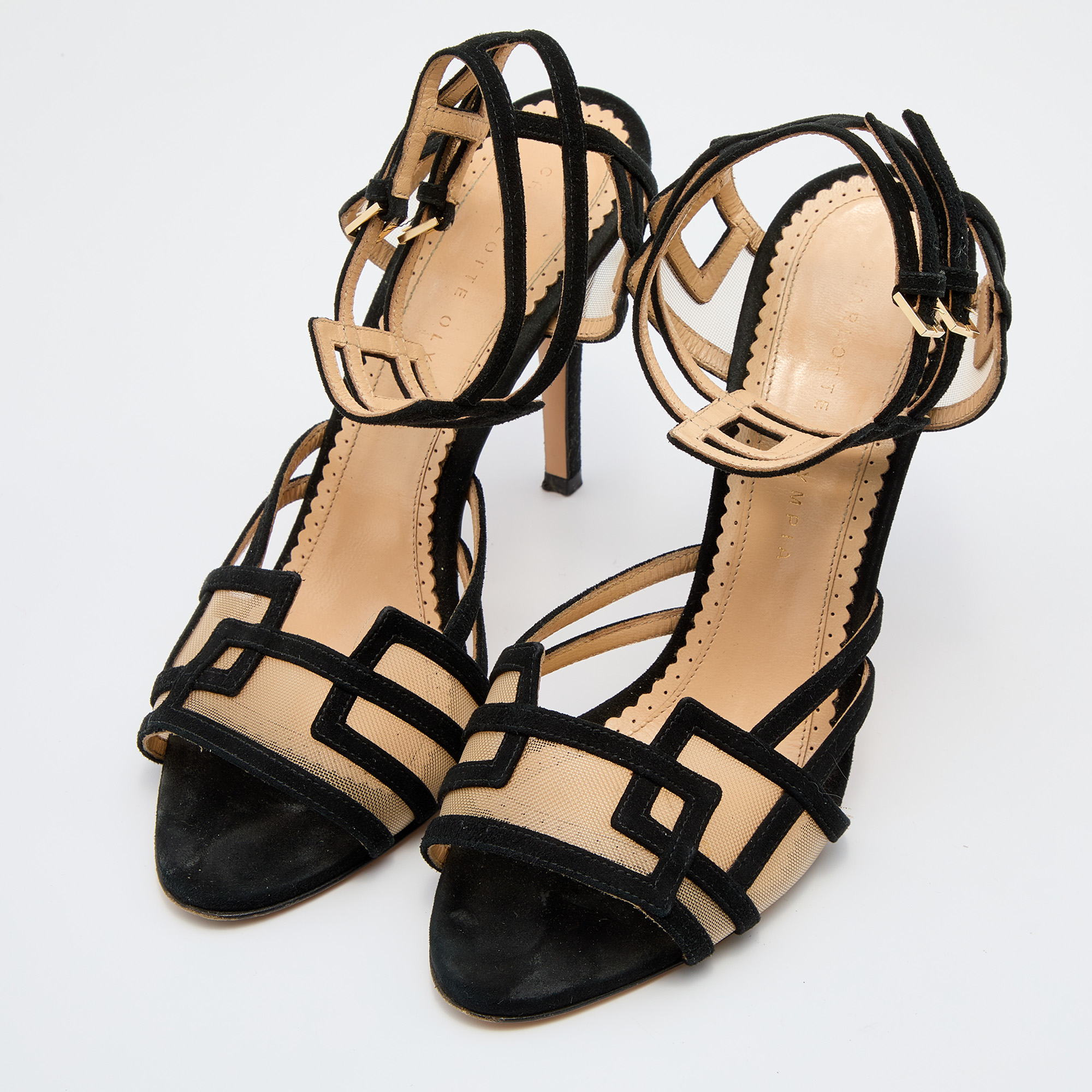 

Charlotte Olympia Black Suede and Mesh Ankle Strap Sandals Size