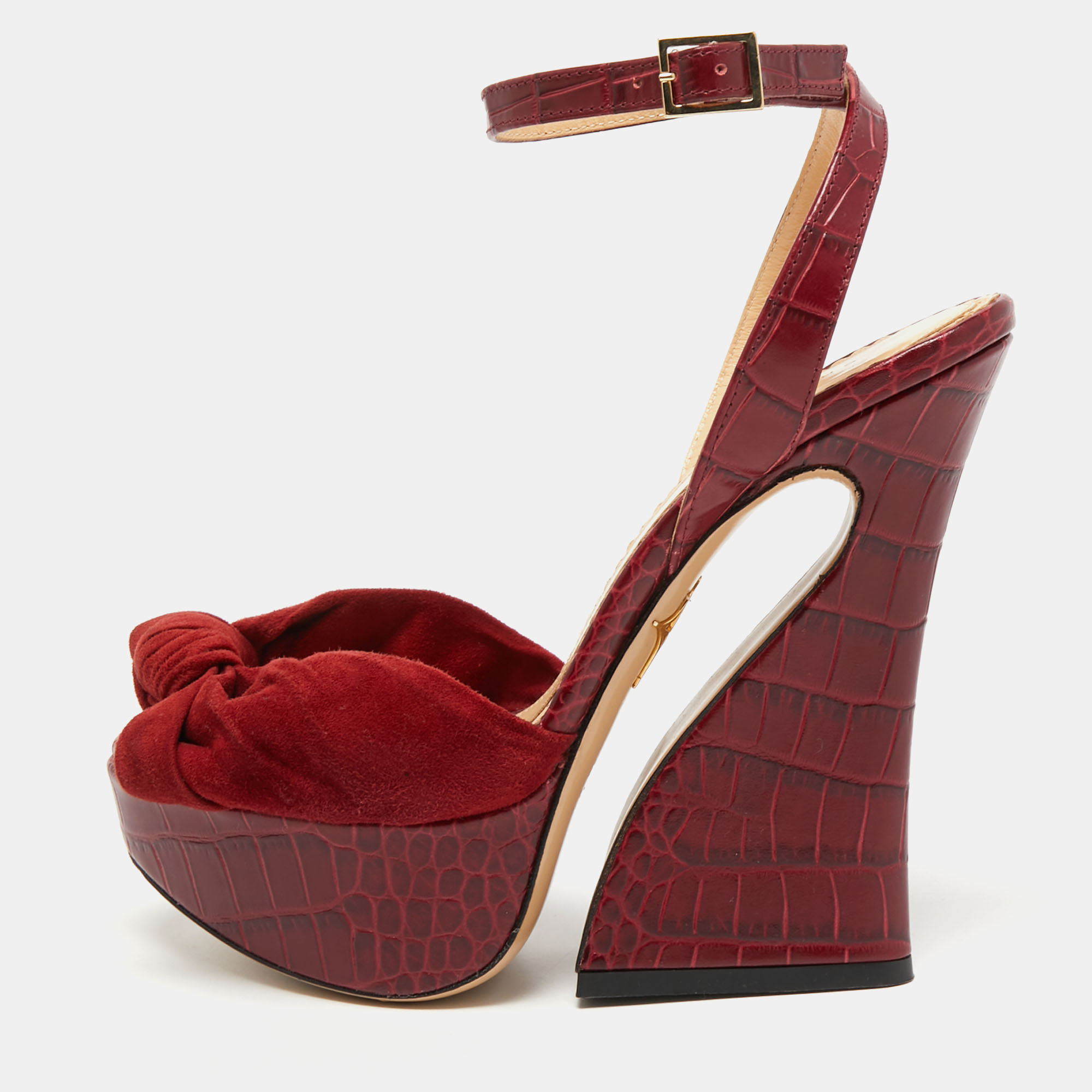 Pre-owned Charlotte Olympia Burgundy Croc Embossed Leather And Suede Ankle Strap Sandals Size 36