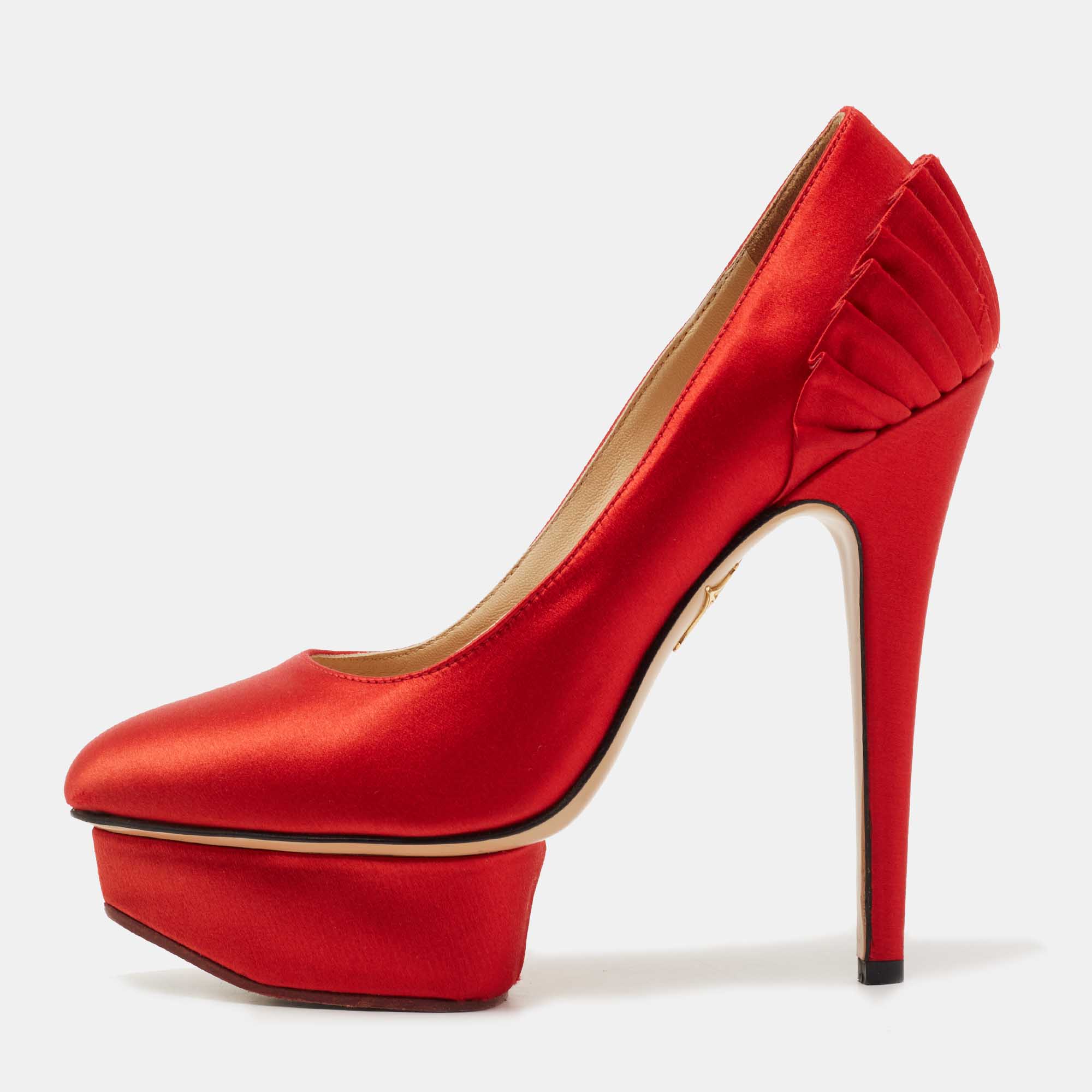Pre-owned Charlotte Olympia Red Satin Paloma Fan Pleat Pumps Size 35.5