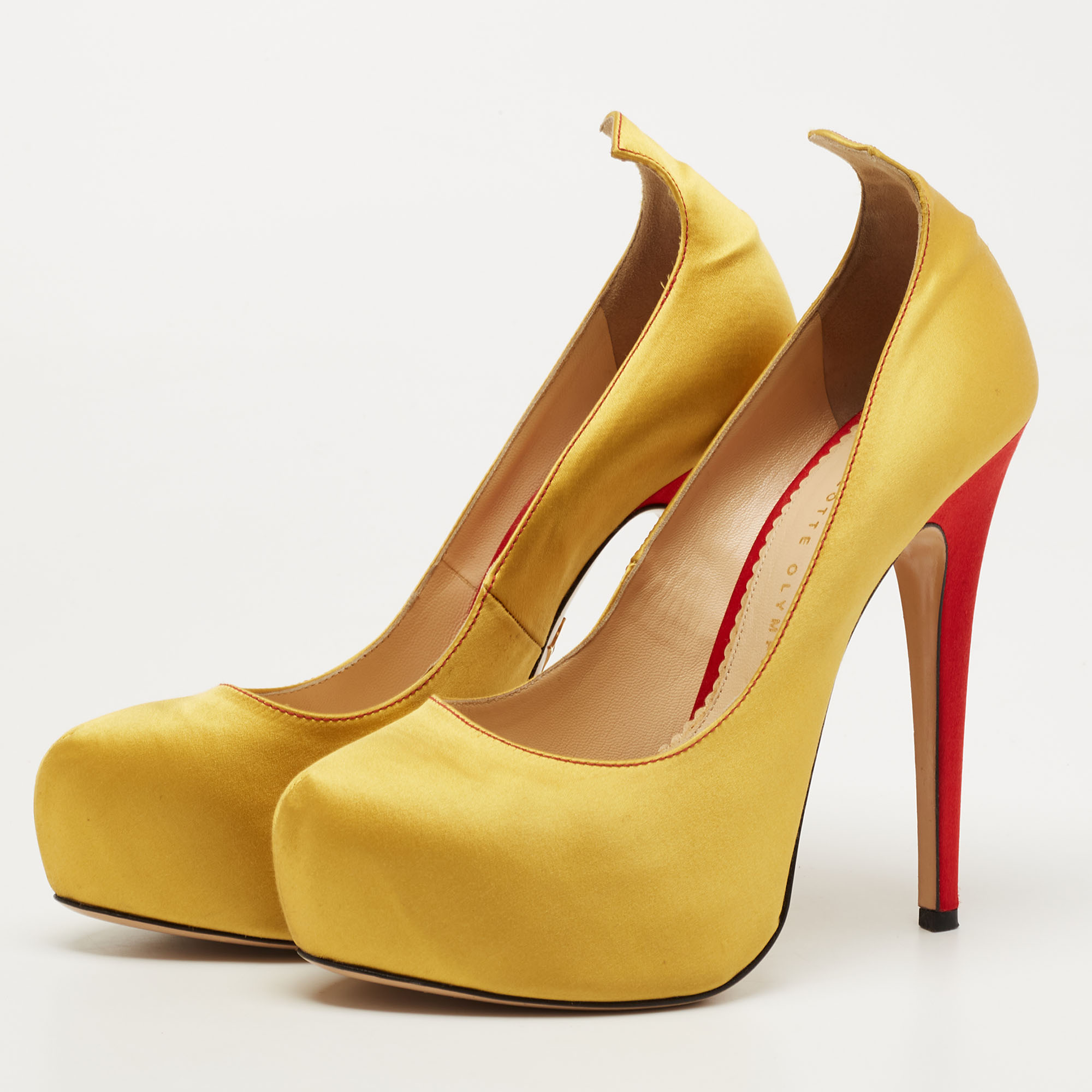 

Charlotte Olympia Yellow Satin Platform Pumps Size