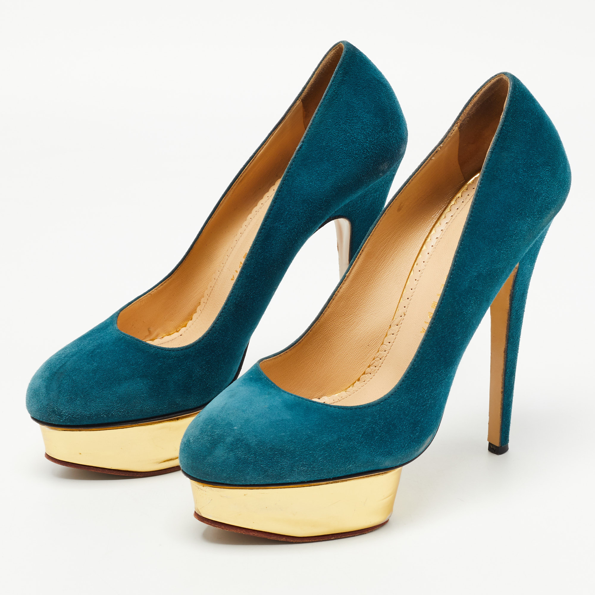 

Charlotte Olympia Teal Suede Dolly Platform Pumps Size, Green