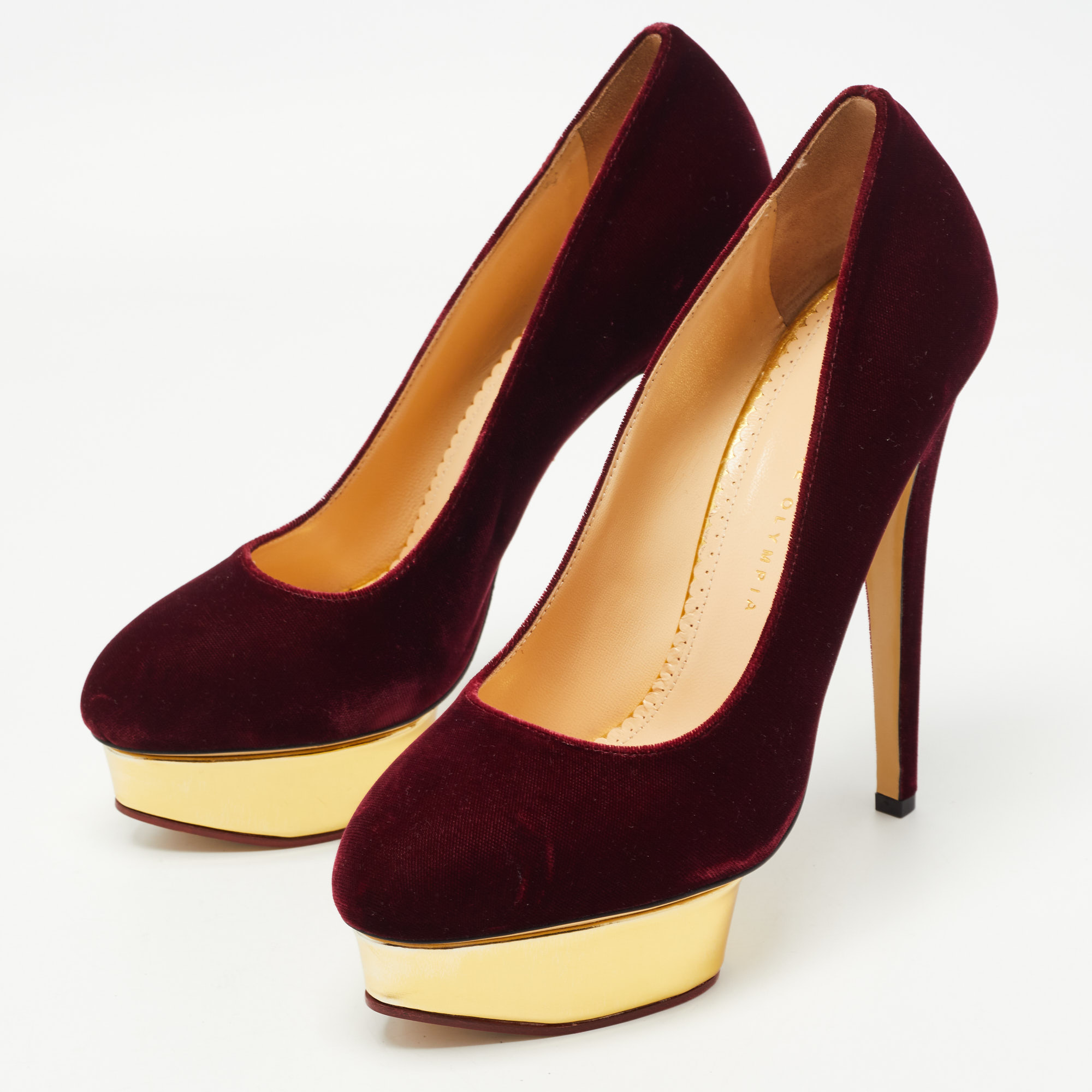 

Charlotte Olympia Burgundy Velvet Dolly Platform Pumps Size