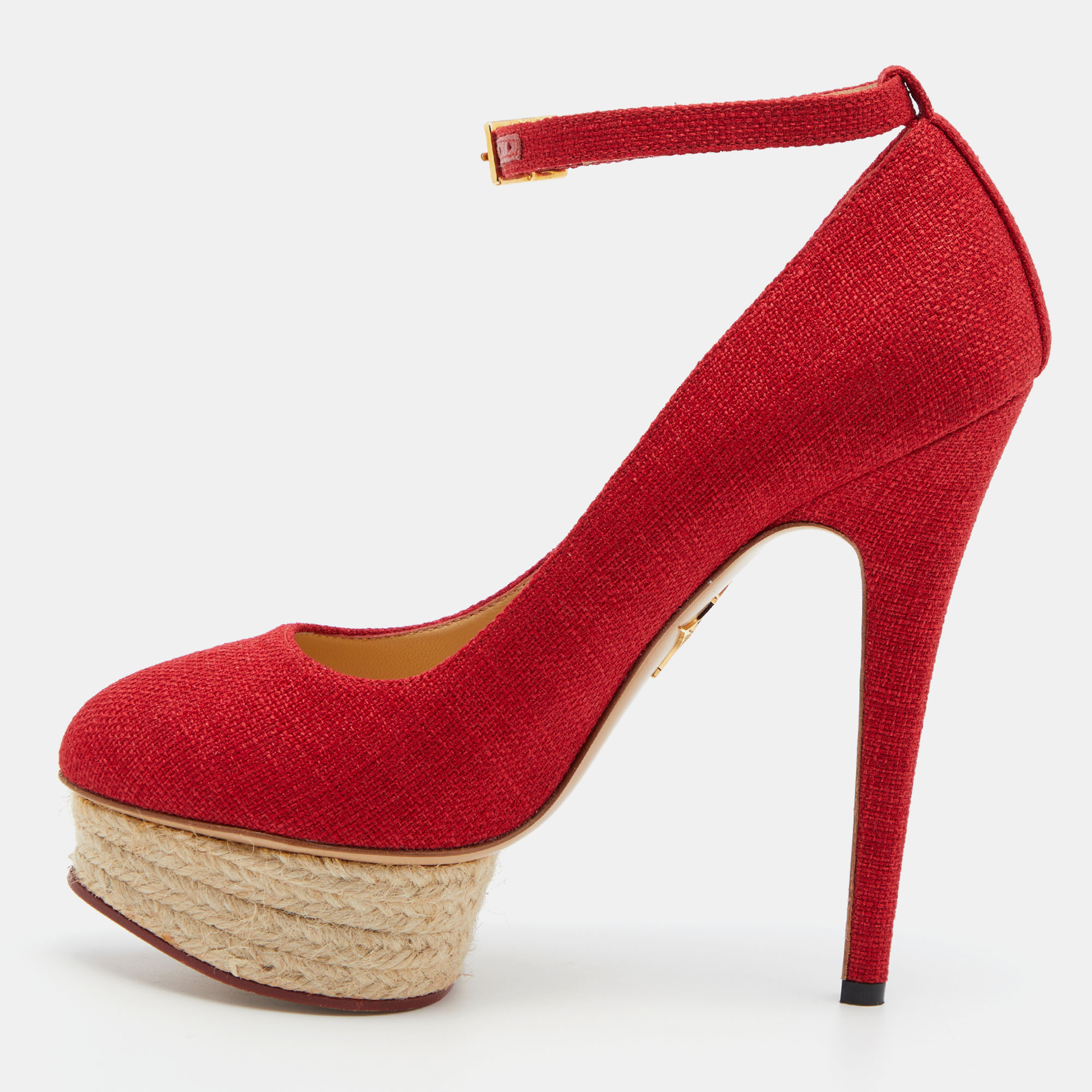 Pre-owned Charlotte Olympia Red Canvas Dolores Ankle Strap Platform Pumps Size 37.5
