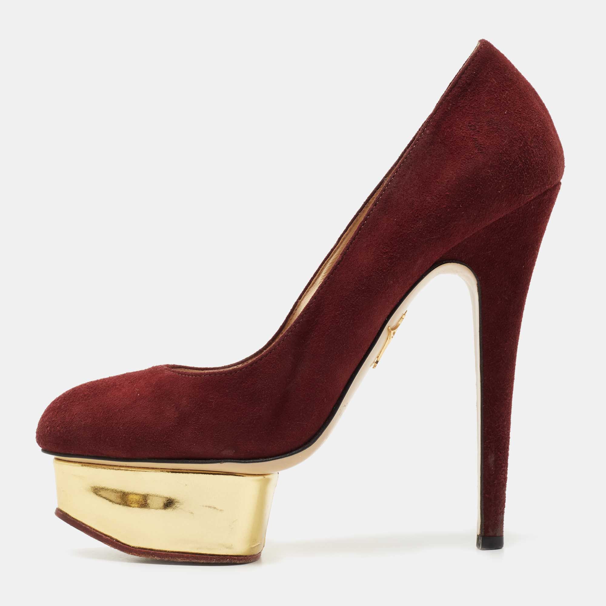 Pre-owned Charlotte Olympia Burgundy Suede Dolly Platform Pumps Size 36.5