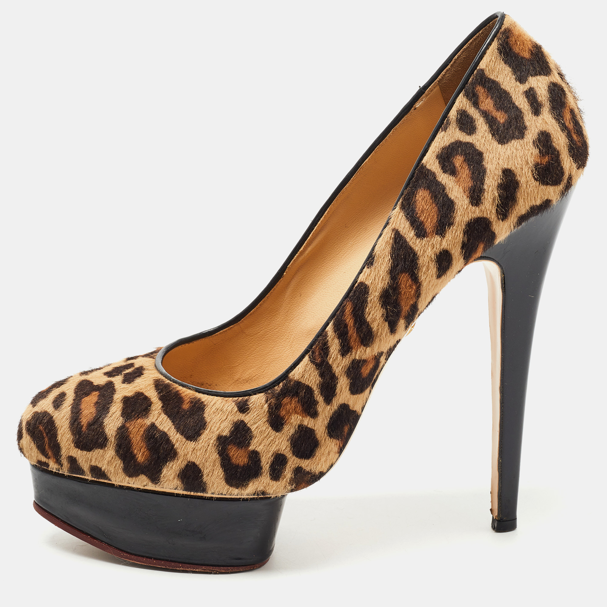 

Charlotte Olympia Brown/Beige Leopard Print Calf Hair Dolly Platform Pumps Size