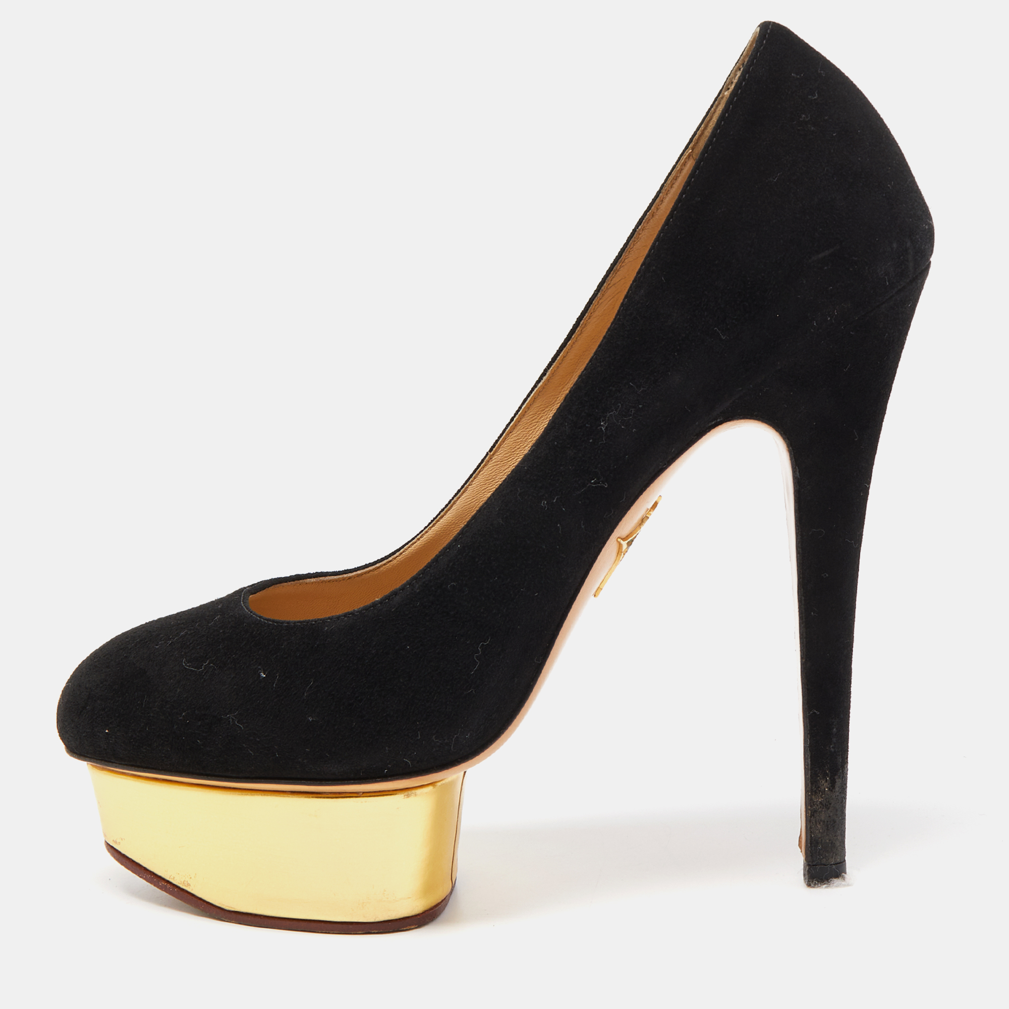 Pre-owned Charlotte Olympia Black Suede Dolly Platform Pumps Size 37.5