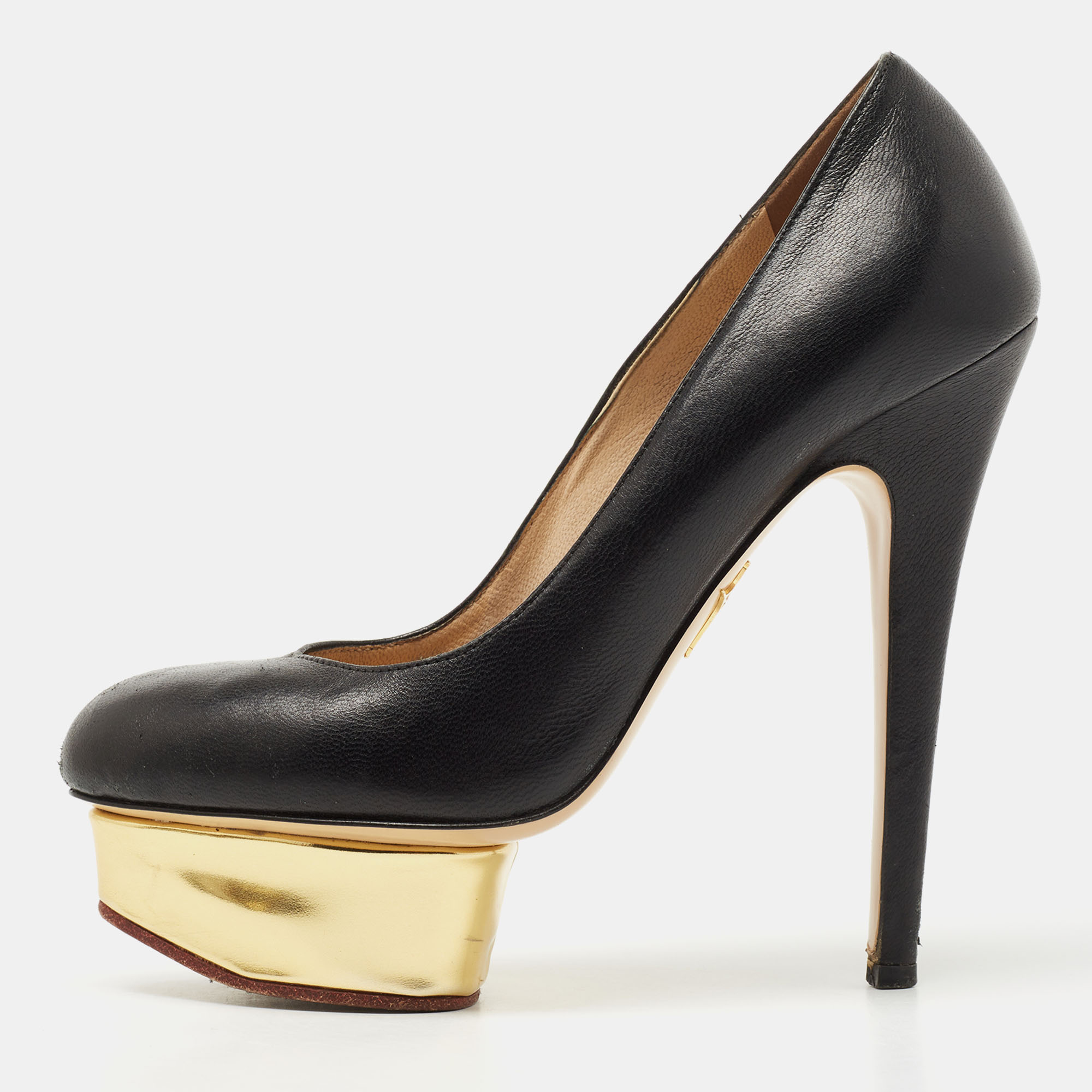 Pre-owned Charlotte Olympia Black Leather Dolly Platform Pumps Size 36.5
