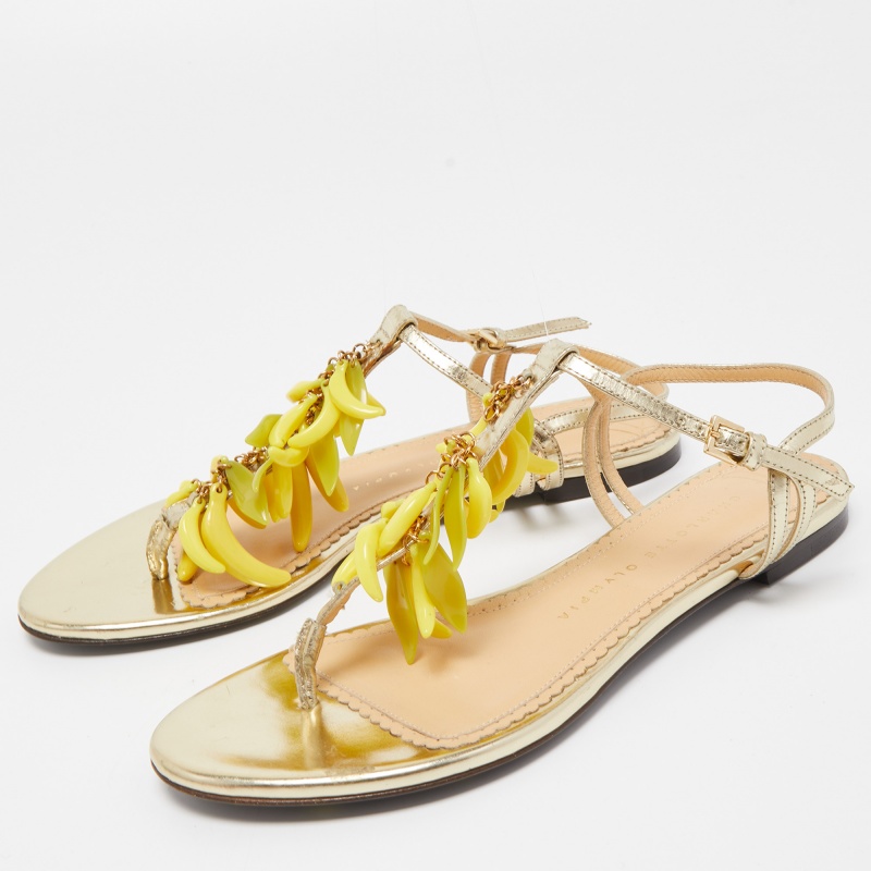 

Charlotte Olympia Gold Leather Embellished Ankle Strap Flat Sandals Size