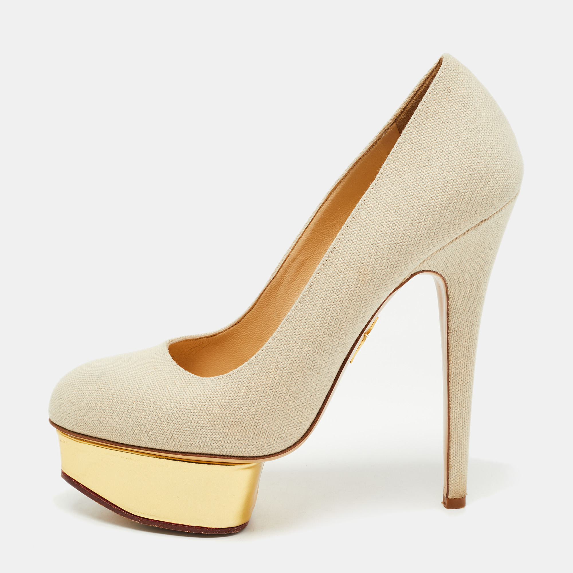 Pre-owned Charlotte Olympia Grey Canvas Dolly Platform Pumps Size 38 In Beige