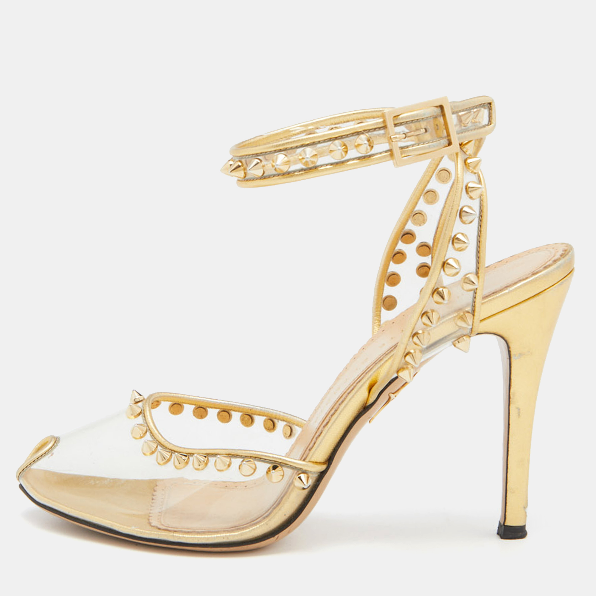 Pre-owned Charlotte Olympia Gold Studded Pvc And Leather Soho Peep Toe Sandals Size 38