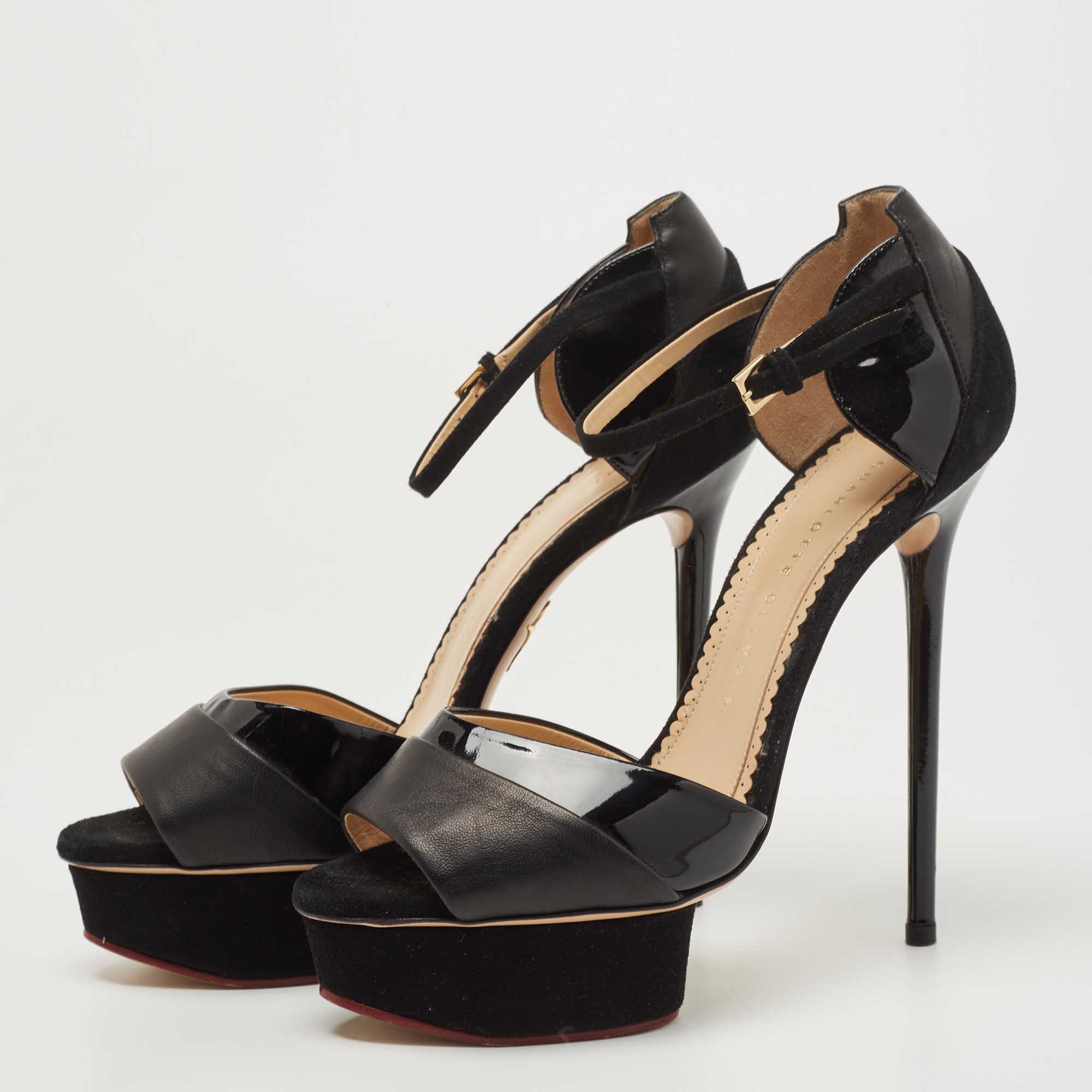 

Charlotte Olympia Black Suede And Patent Leather Open Toe Platform Ankle Strap Pumps Size