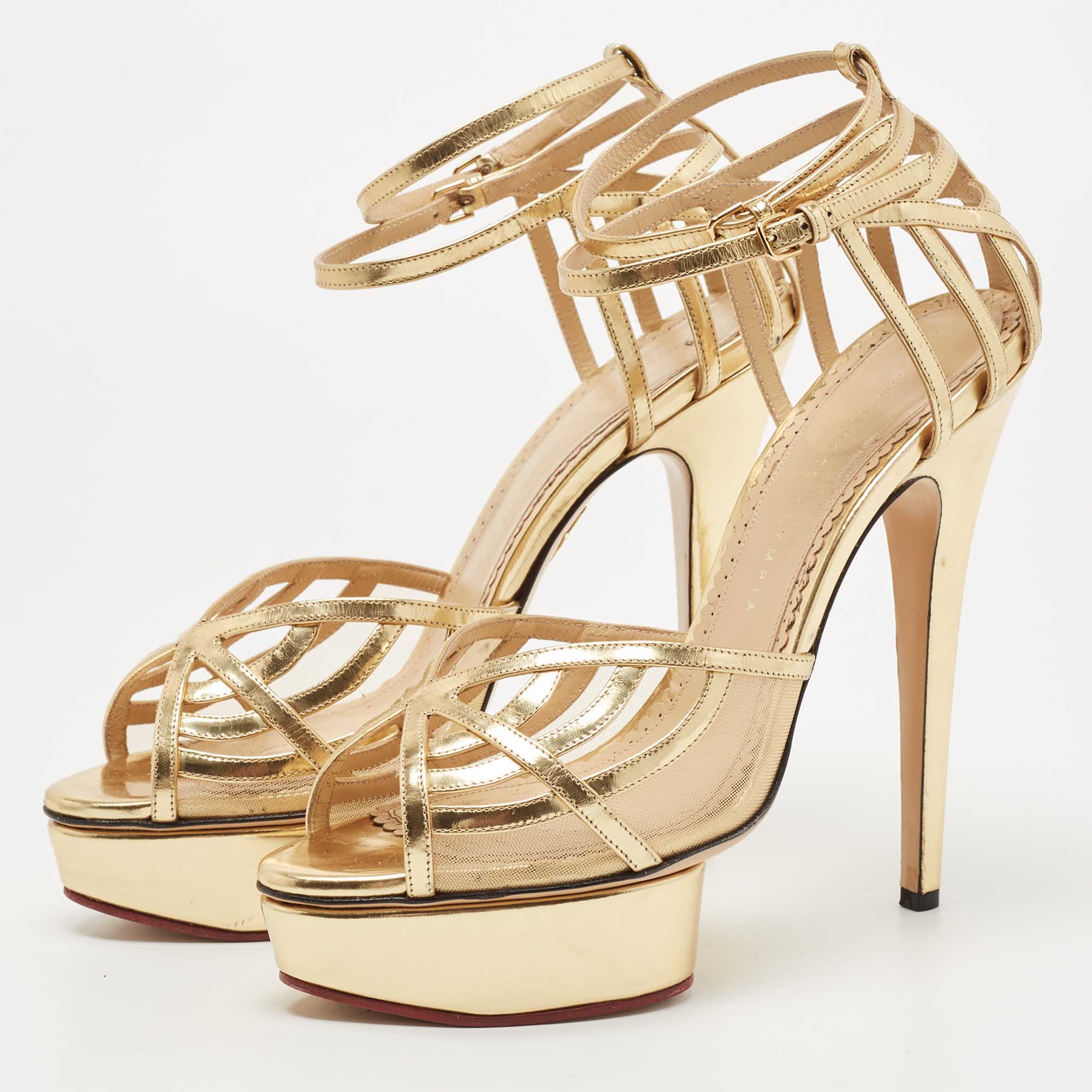 

Charlotte Olympia Gold Leather and Mesh Platform Ankle Strap Sandals Size