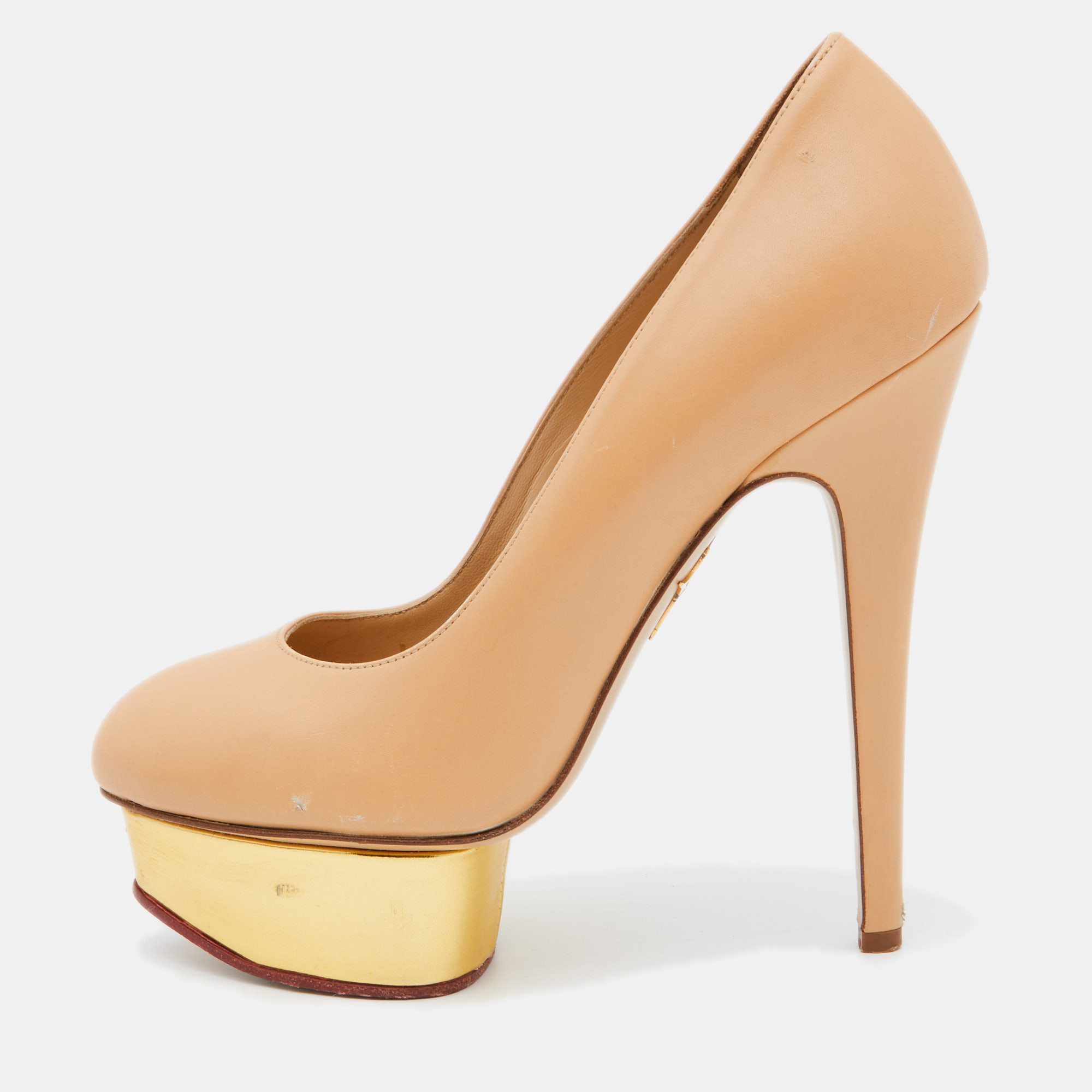 Pre-owned Charlotte Olympia Beige/gold Leather Platform Pumps Size 37