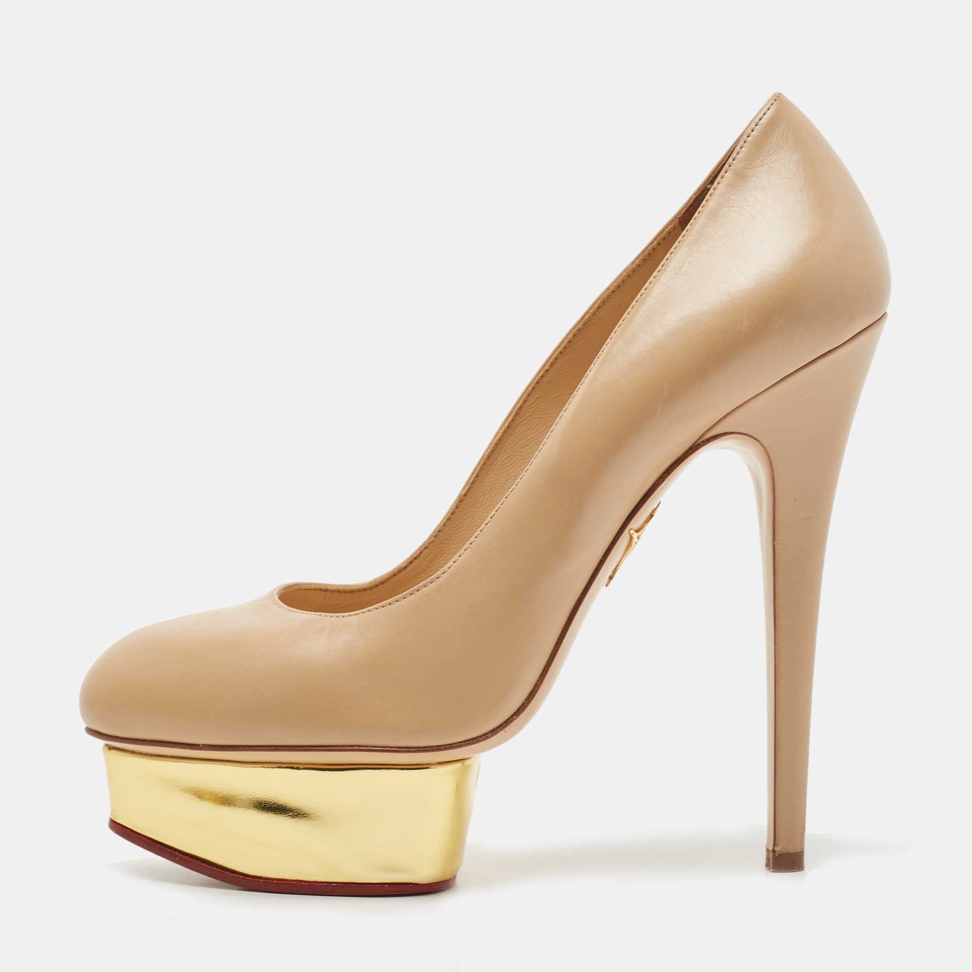 Pre-owned Charlotte Olympia Beige Leather Dolly Platform Pumps Size 38.5