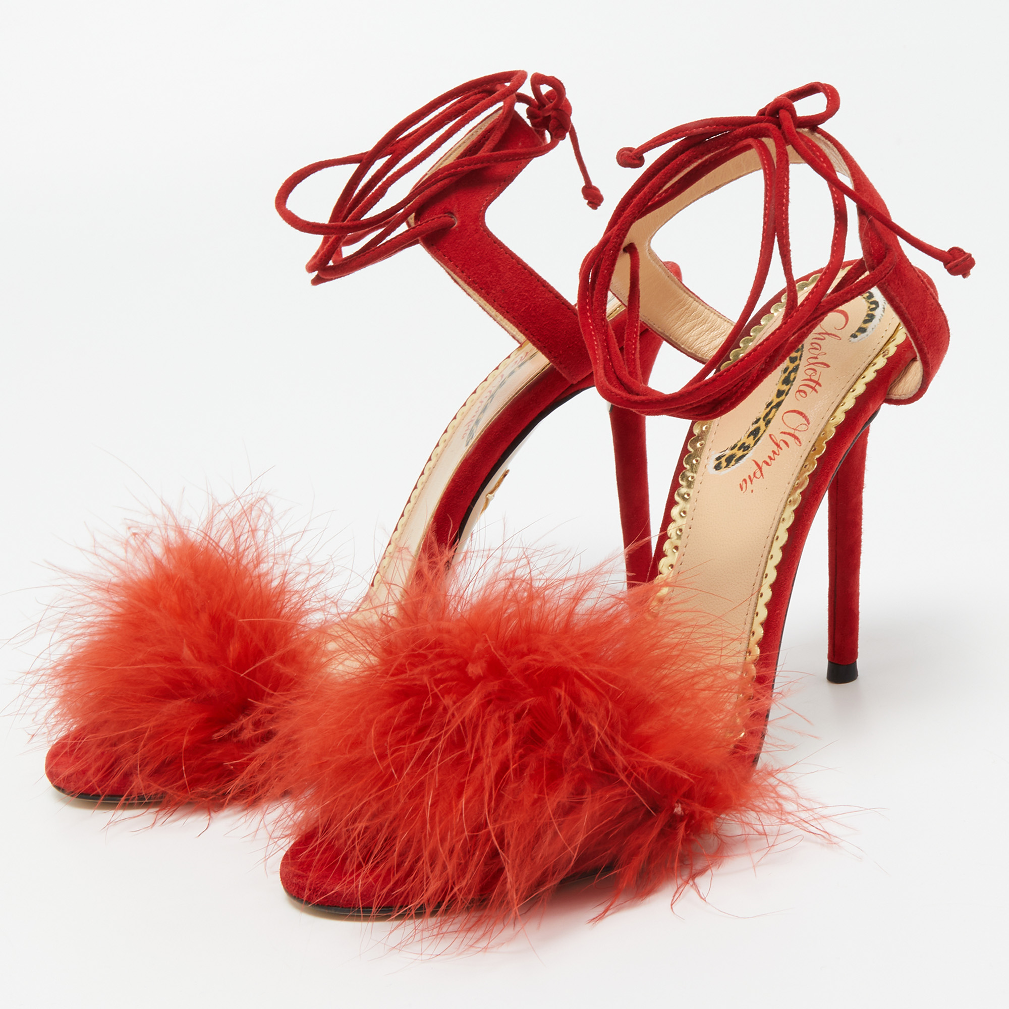 

Charlotte Olympia Red Suede and Fur Salsa Ankle Wrap Sandals Size