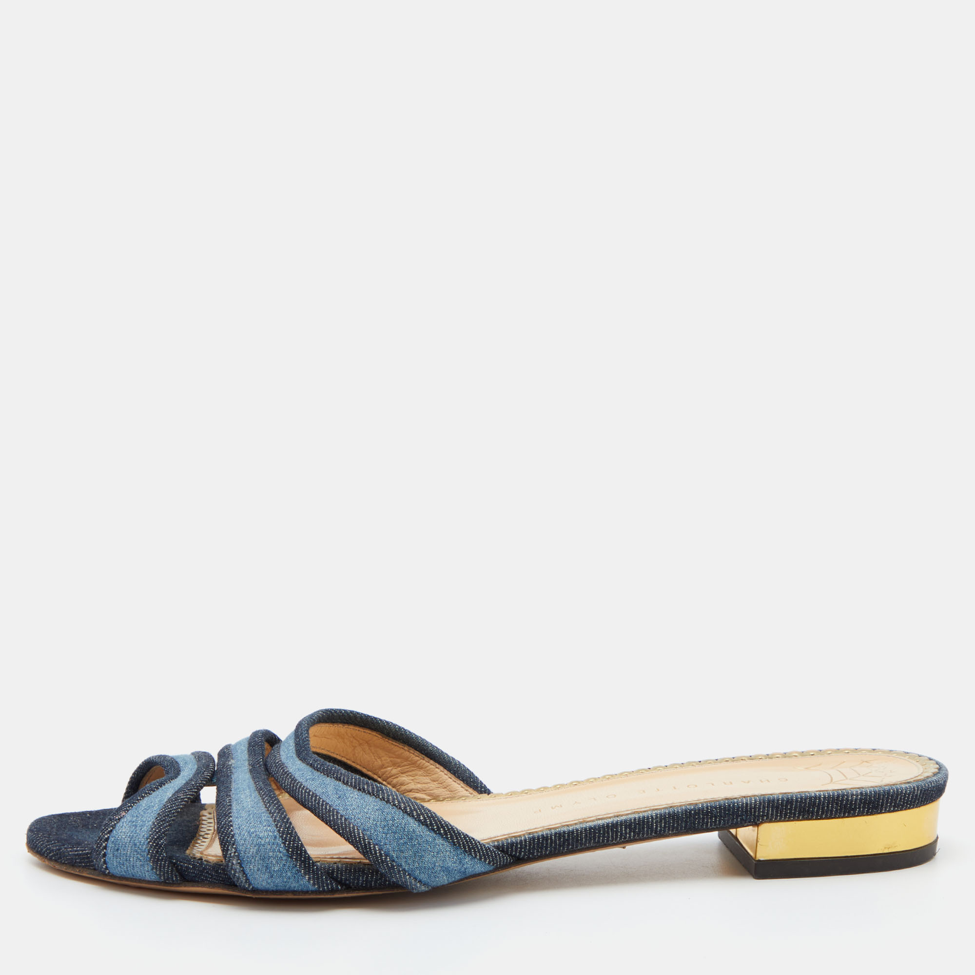 Pre-owned Charlotte Olympia Blue Denim Flat Slides Size 39