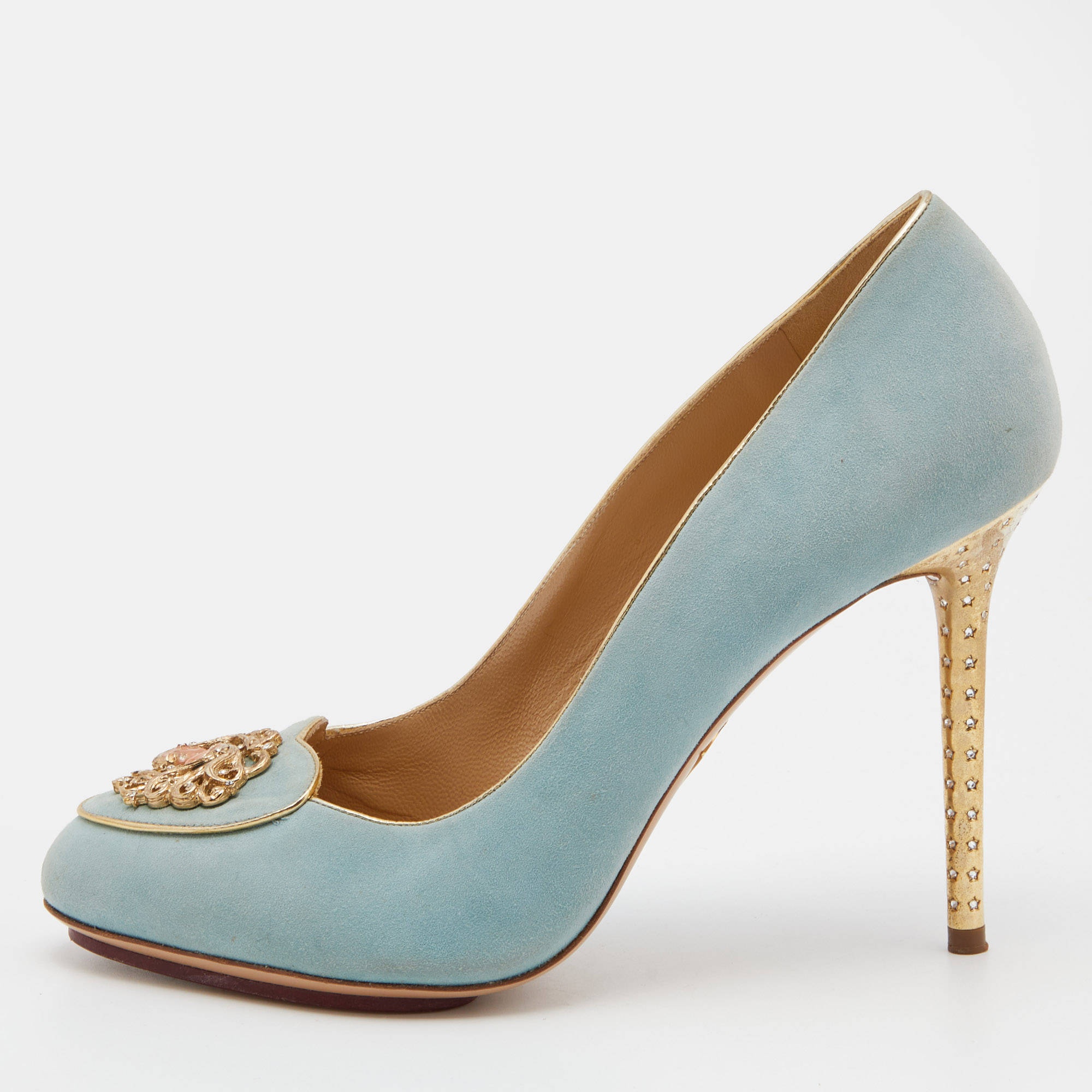 Pre-owned Charlotte Olympia Green/gold Suede Birthday Zodiac Gemin Pump Size 40