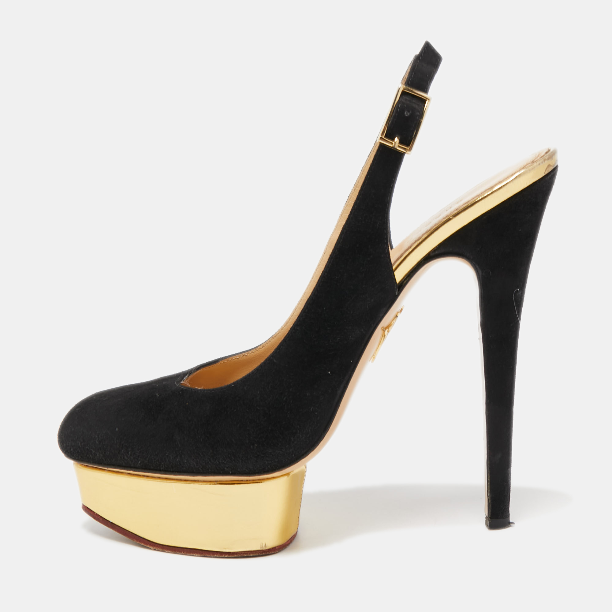 

Charlotte Olympia Black Suede Dolly Slingback Pumps Size
