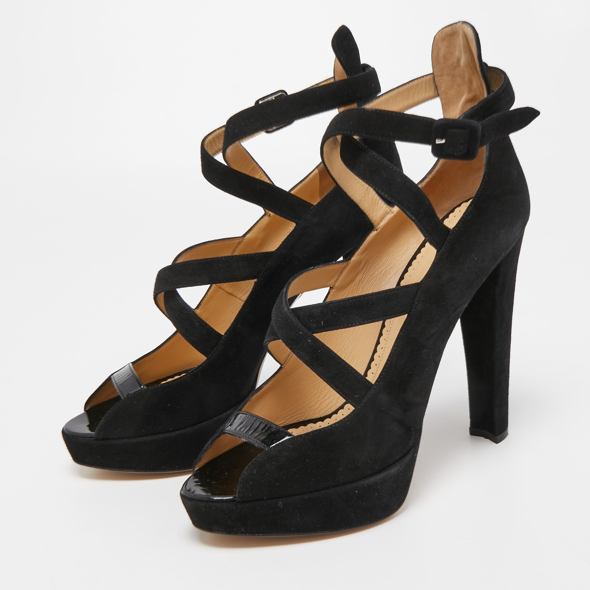 

Charlotte Olympia Black Suede Gladys Strappy Platform Pumps Size