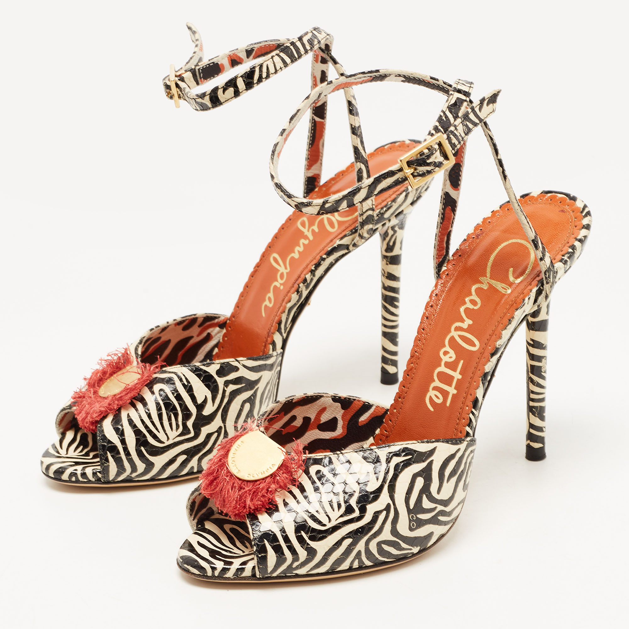 

Charlotte Olympia Black/Cream Zebra Print Leather Ankle Strap Sandals Size