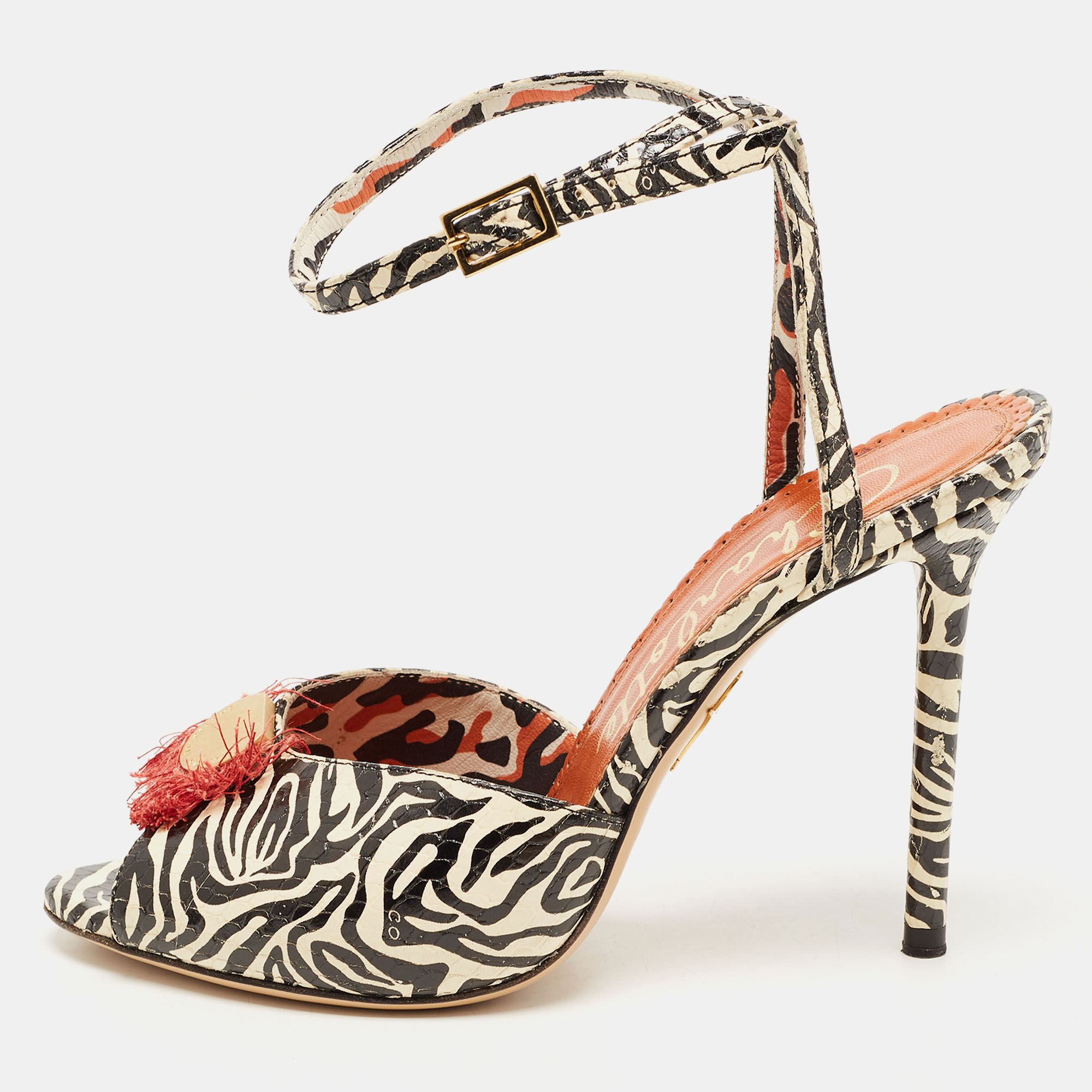 

Charlotte Olympia Black/Cream Zebra Print Leather Ankle Strap Sandals Size