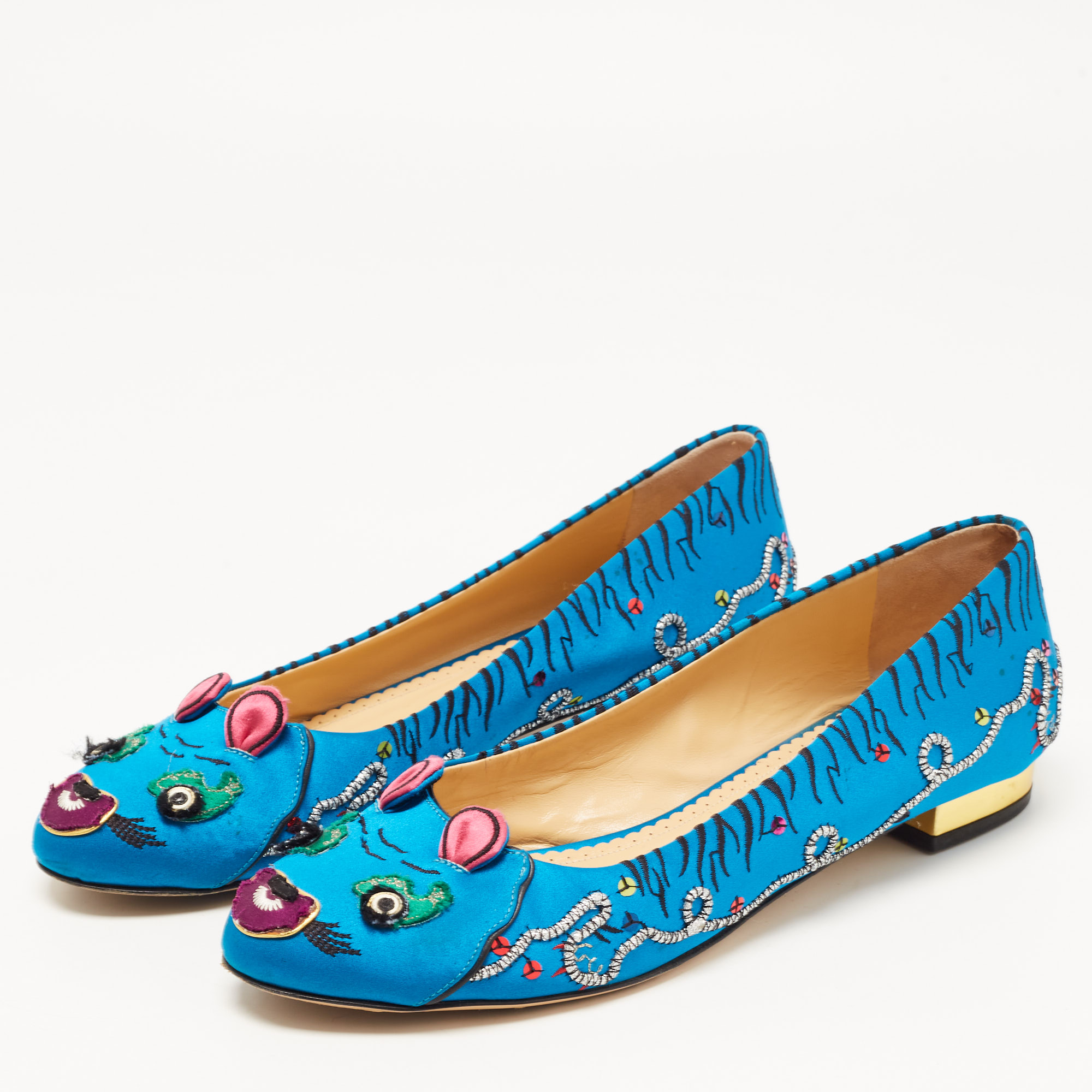 

Charlotte Olympia Multicolor Satin Crouching Tiger Loafers Size