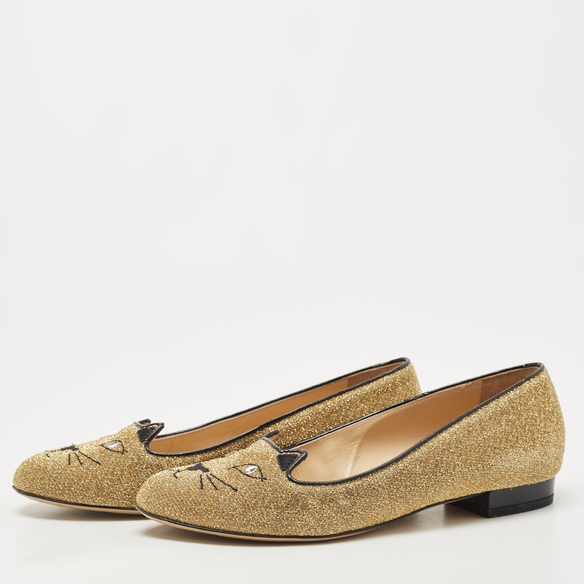 

Charlotte Olympia Gold/Black Lurex Fabric and Patent Leather Kitty Ballet Flats Size