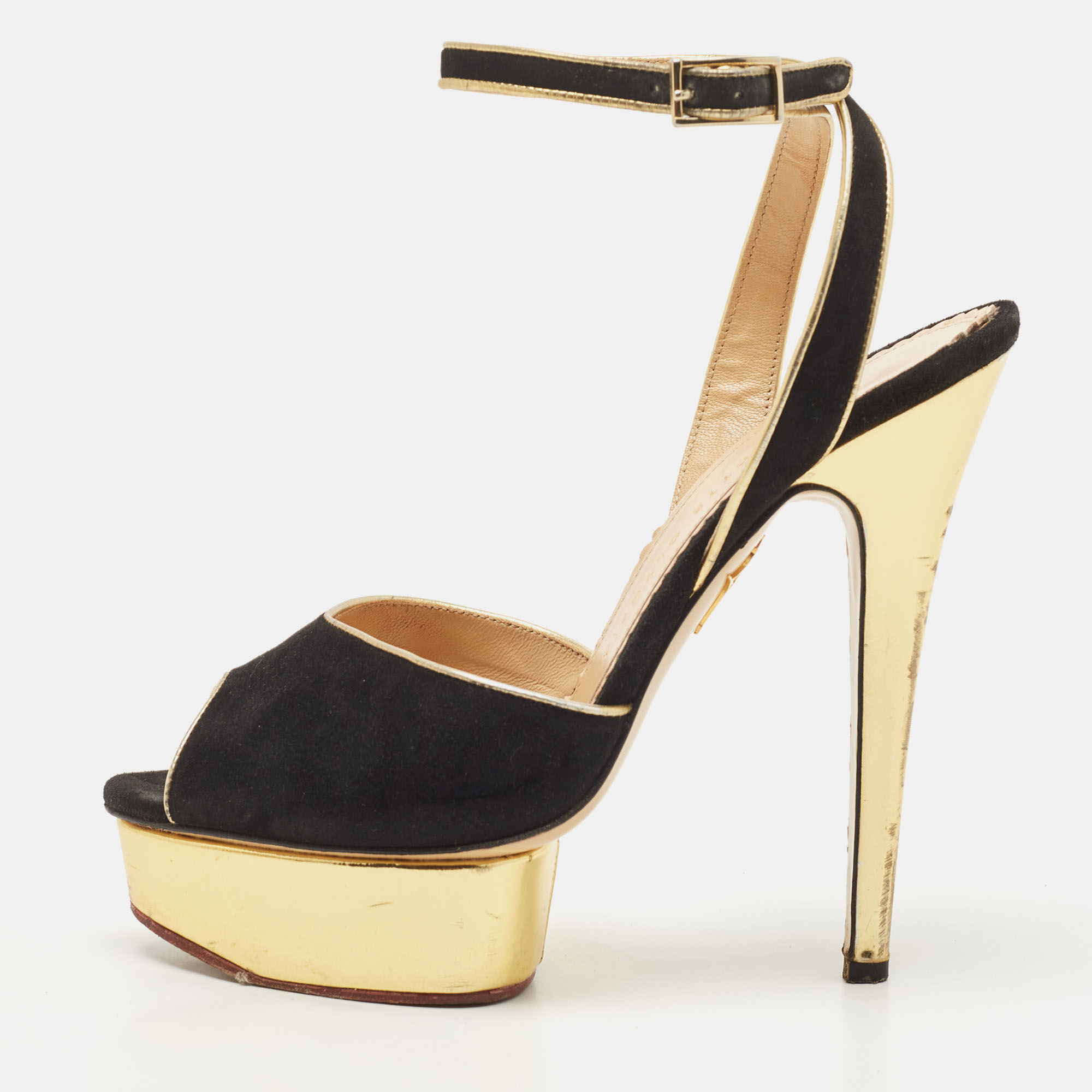 

Charlotte Olympia Black Suede and Leather Peep Toe Platform Sandals Size