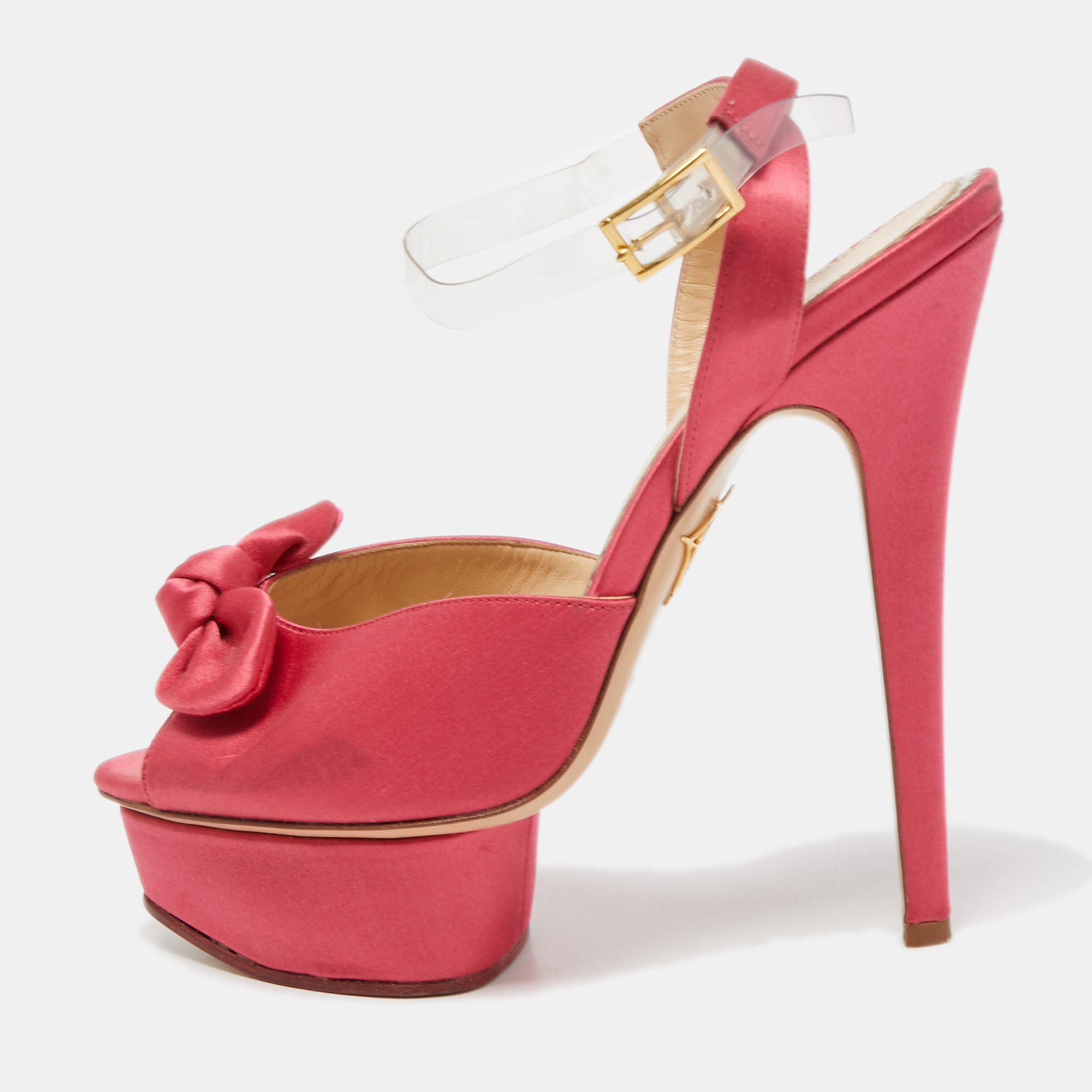 Pre-owned Charlotte Olympia Pink Satin Serena Bow Ankle Strap Platform Sandals Size 38