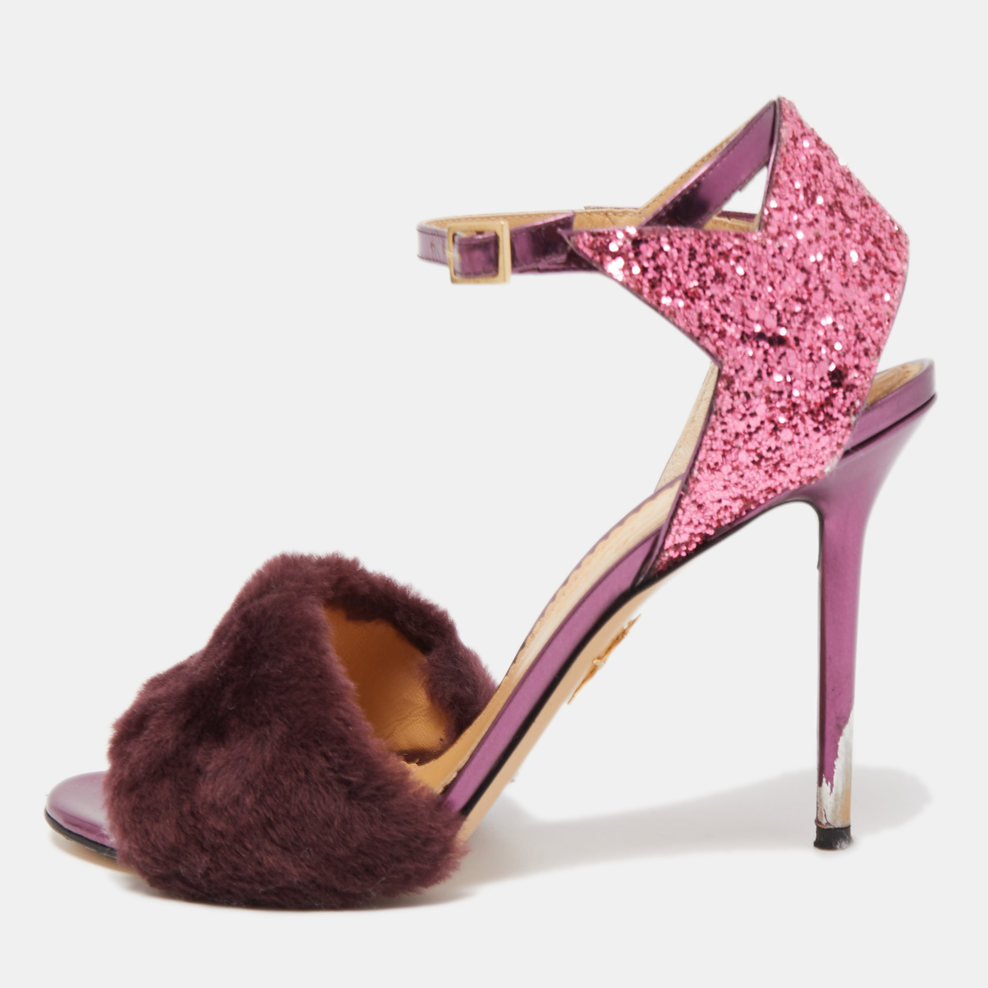 Pre-owned Charlotte Olympia Tricolor Fur And Glitter Caress Me Ankle Strap Sandals Size 41 In Purple