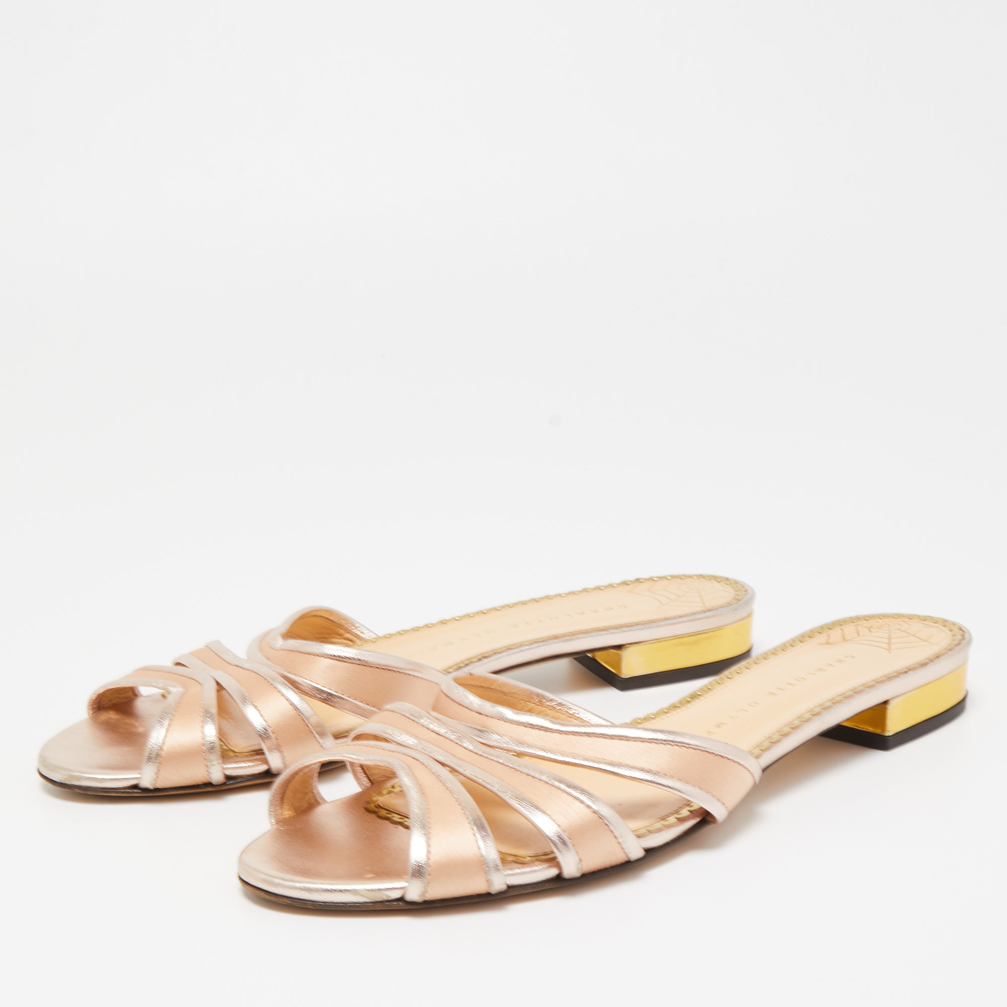 

Charlotte Olympia Metallic Rose Gold Leather And Satin Flat Slides Size