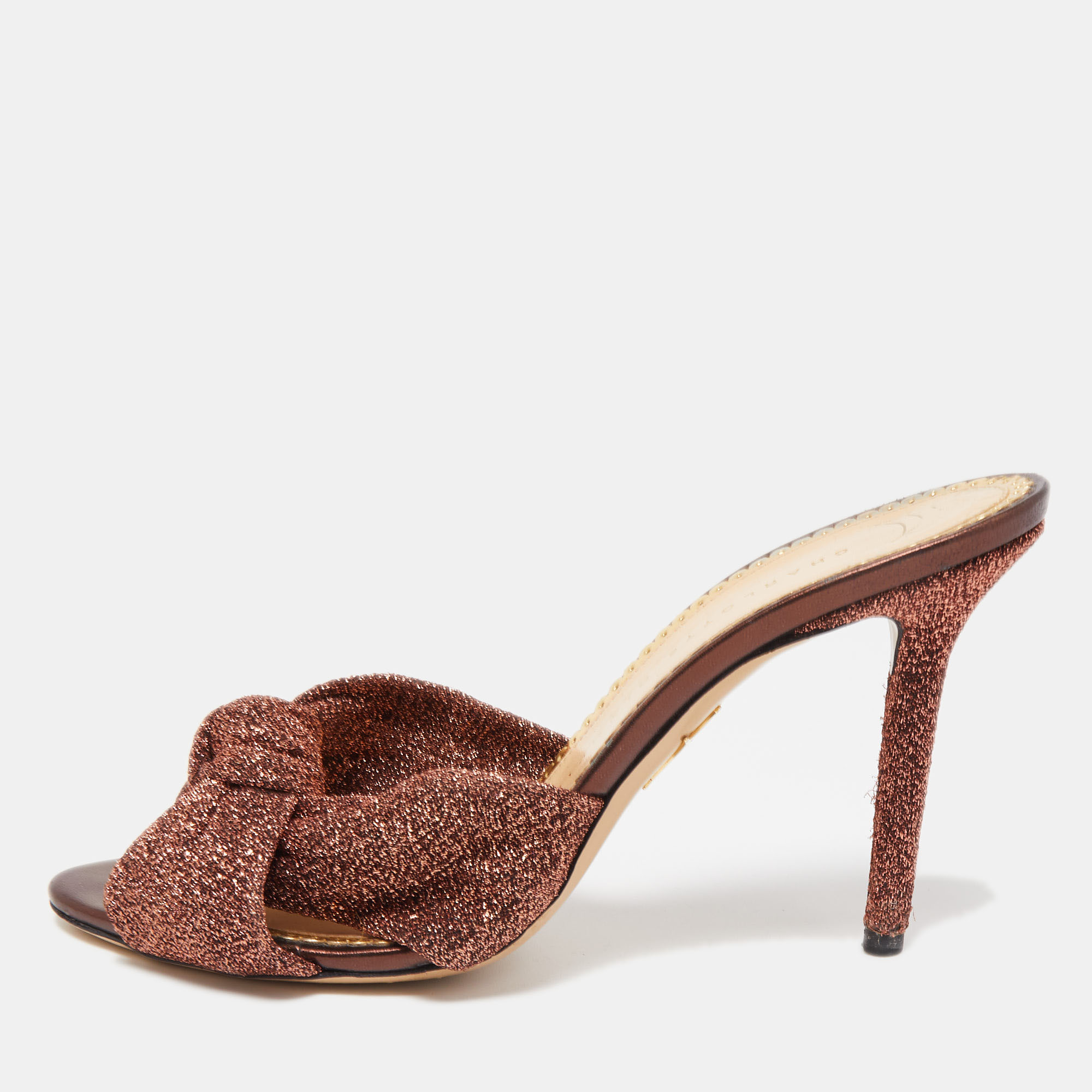 

Charlotte Olympia Brown Lurex Fabric Knot Slide Sandals Size