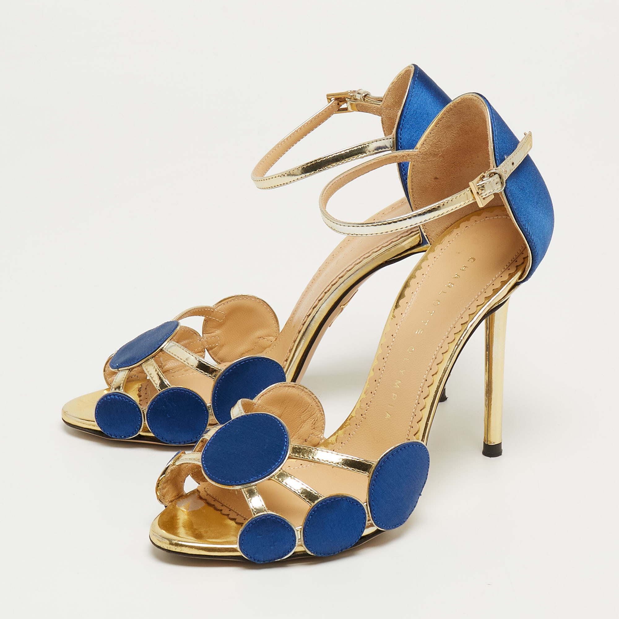 

Charlotte Olympia Gold/Blue Satin and Leather Pumps Size
