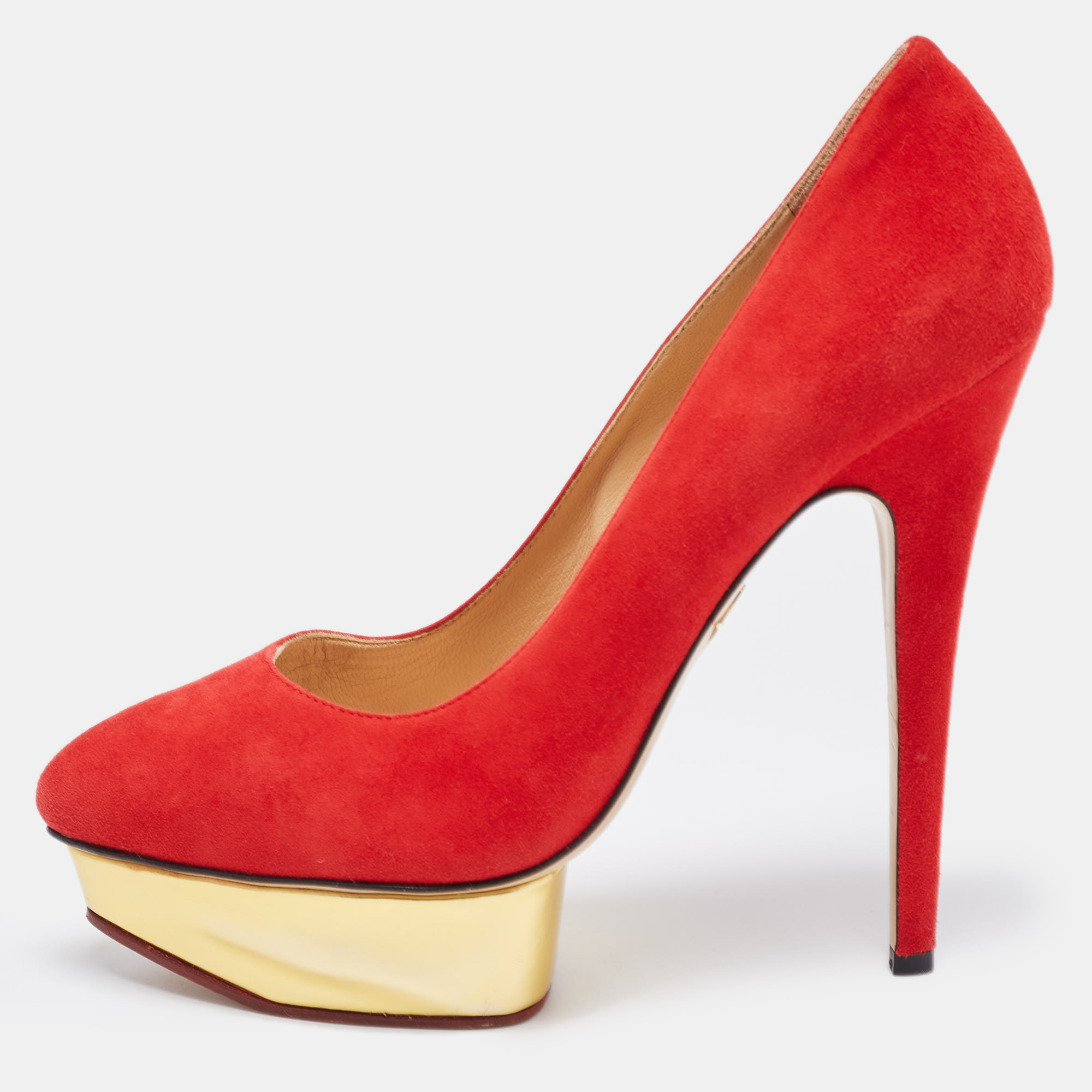Pre-owned Charlotte Olympia Red Suede Dolly Platform Pumps Size 38.5