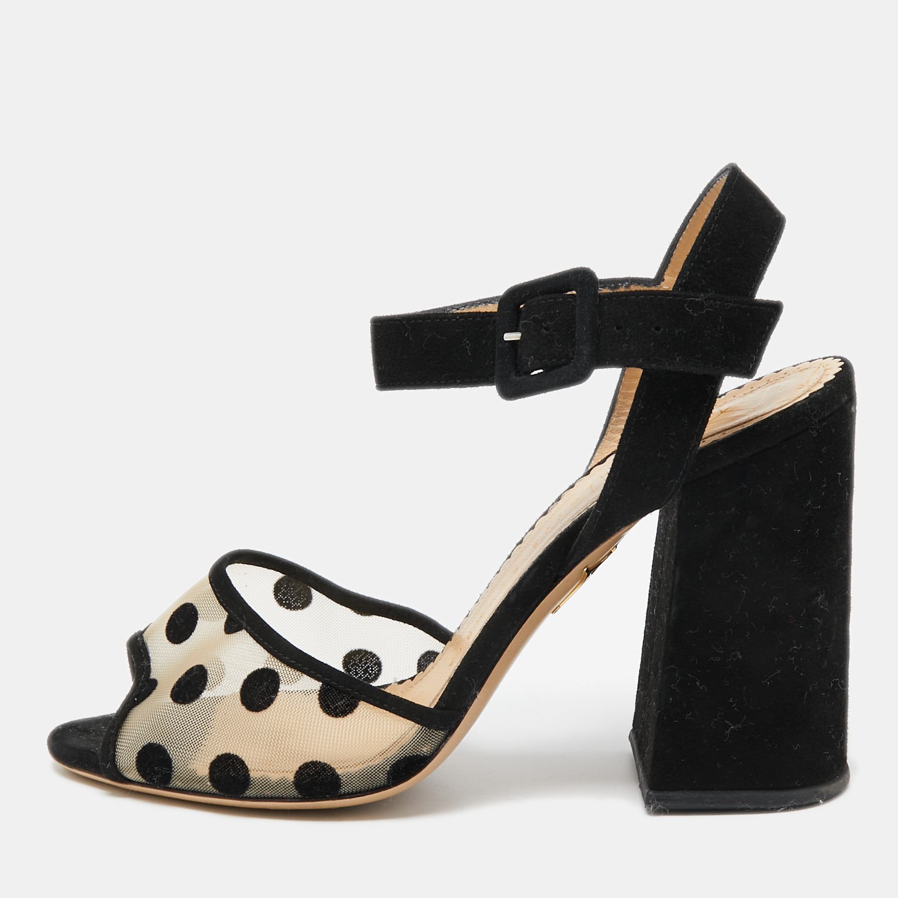 

Charlotte Olympia Black Polka Dot Mesh and Suede Ankle Strap Sandals Size
