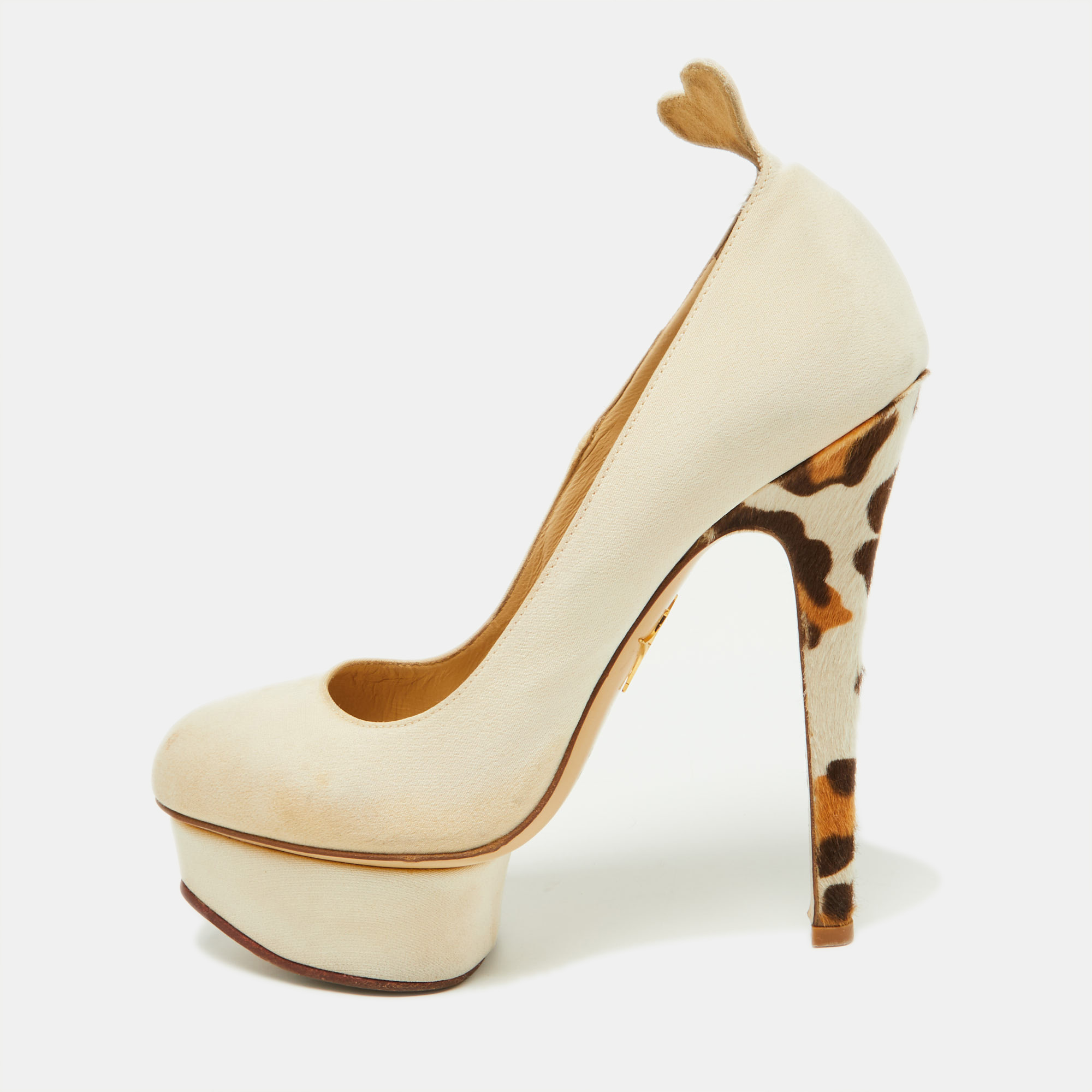 Pre-owned Charlotte Olympia Beige Fabric And Calfhair Dolly Platform Pumps Size 37.5
