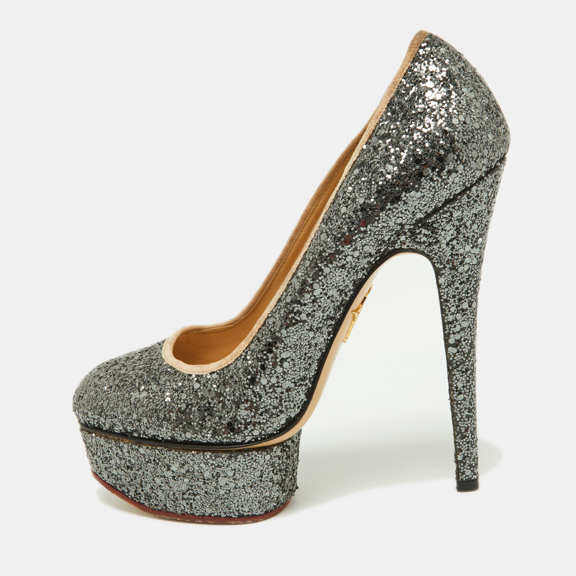 Pre-owned Charlotte Olympia Metallic Grey Coarse Glitter Dolly Pumps Size 37