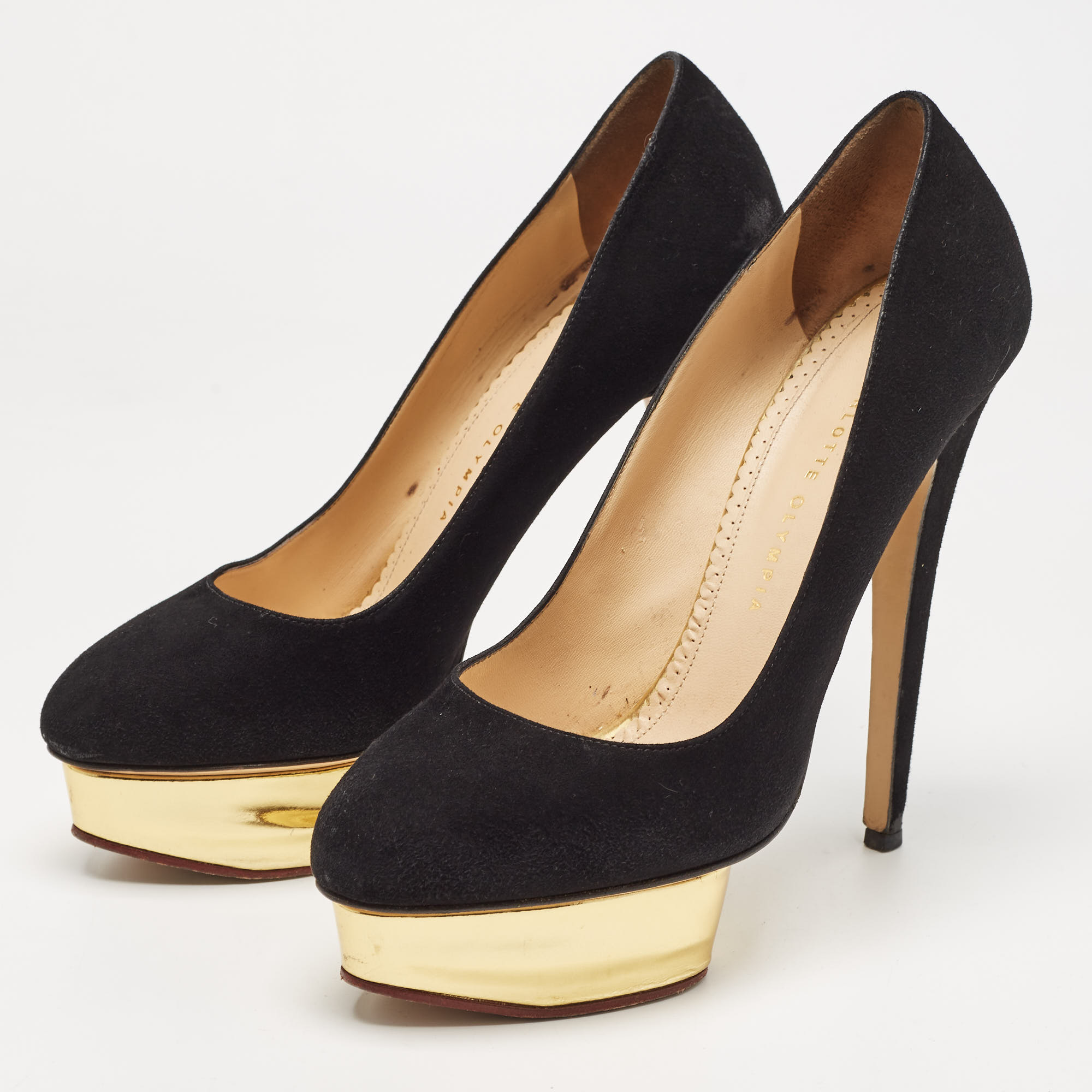 

Charlotte Olympia Black Suede Dolly Platform Pumps Size