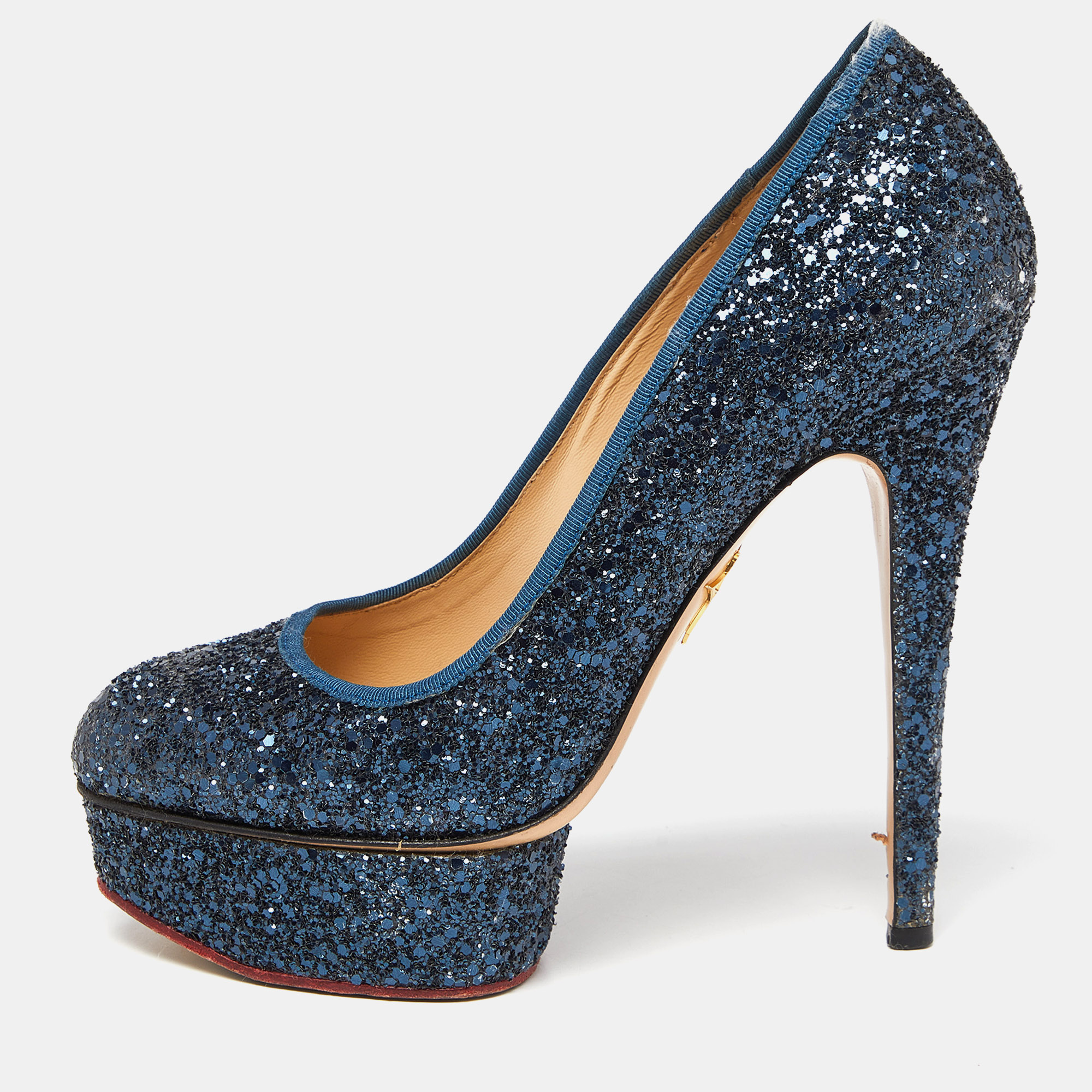 Pre-owned Charlotte Olympia Blue Glitter And Fabric Priscilla Platform Pumps Size 38