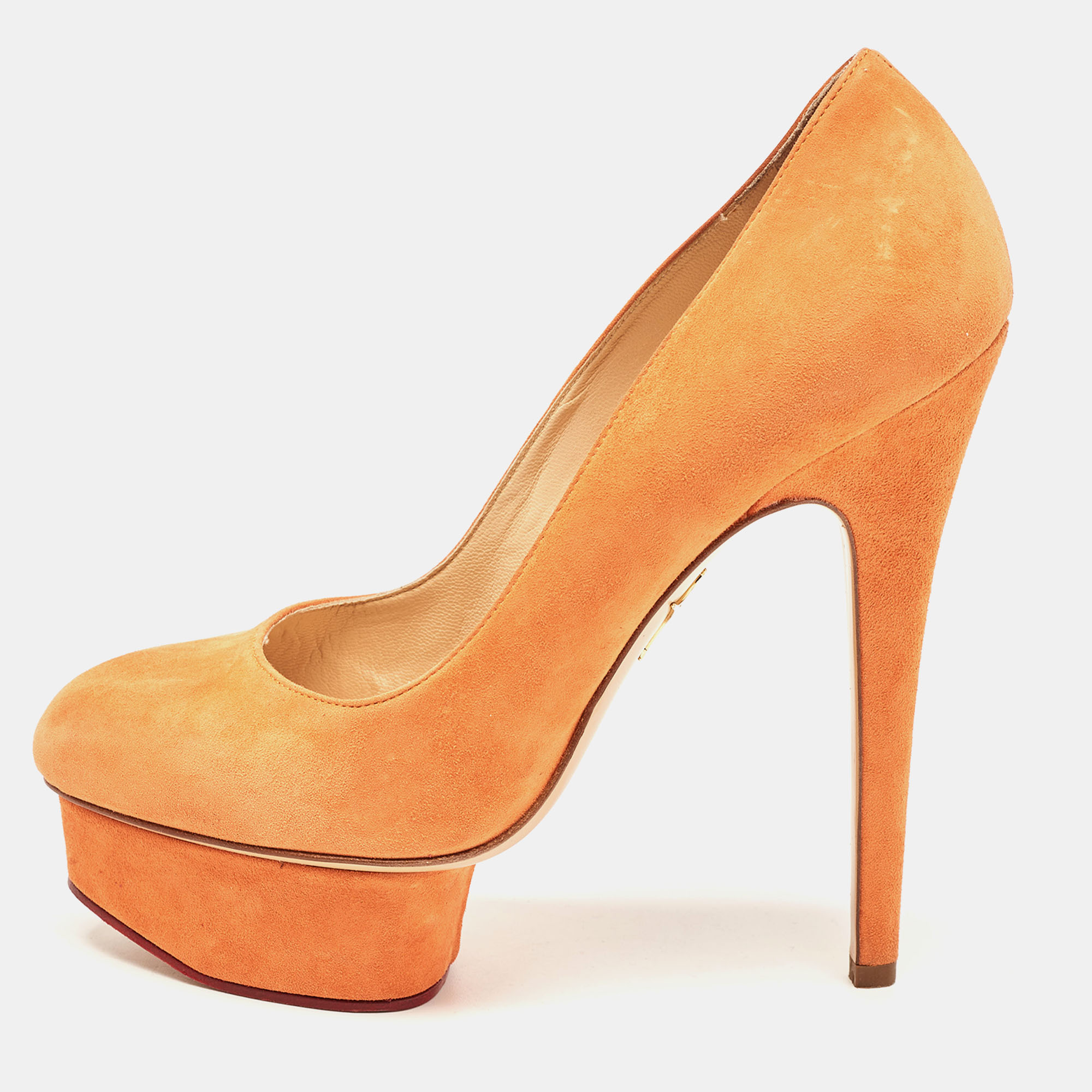 Pre-owned Charlotte Olympia Orange Suede Dolly Pumps Size 37