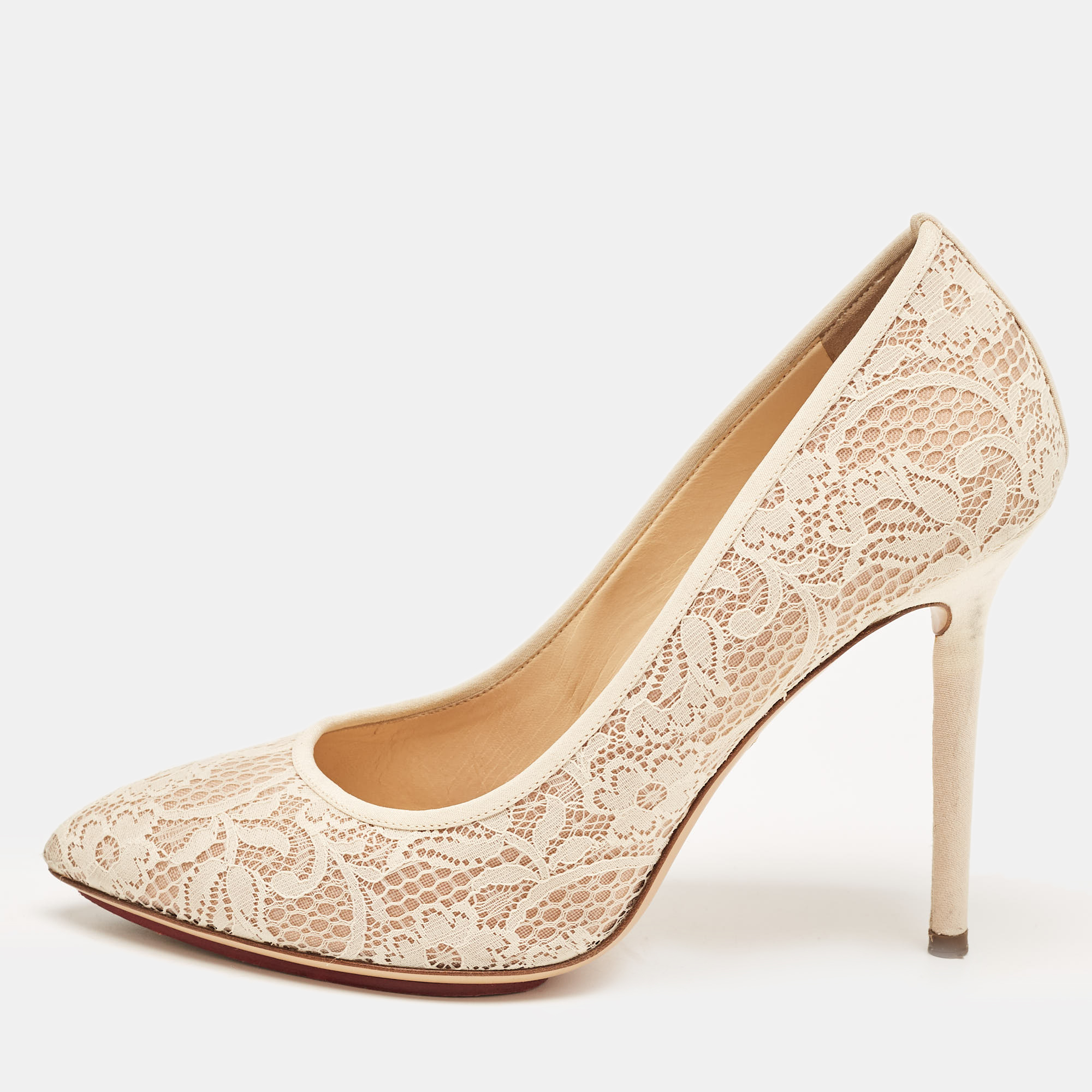 Pre-owned Charlotte Olympia Cream Lace And Satin Monroe Pointed Toe Pumps Size 39