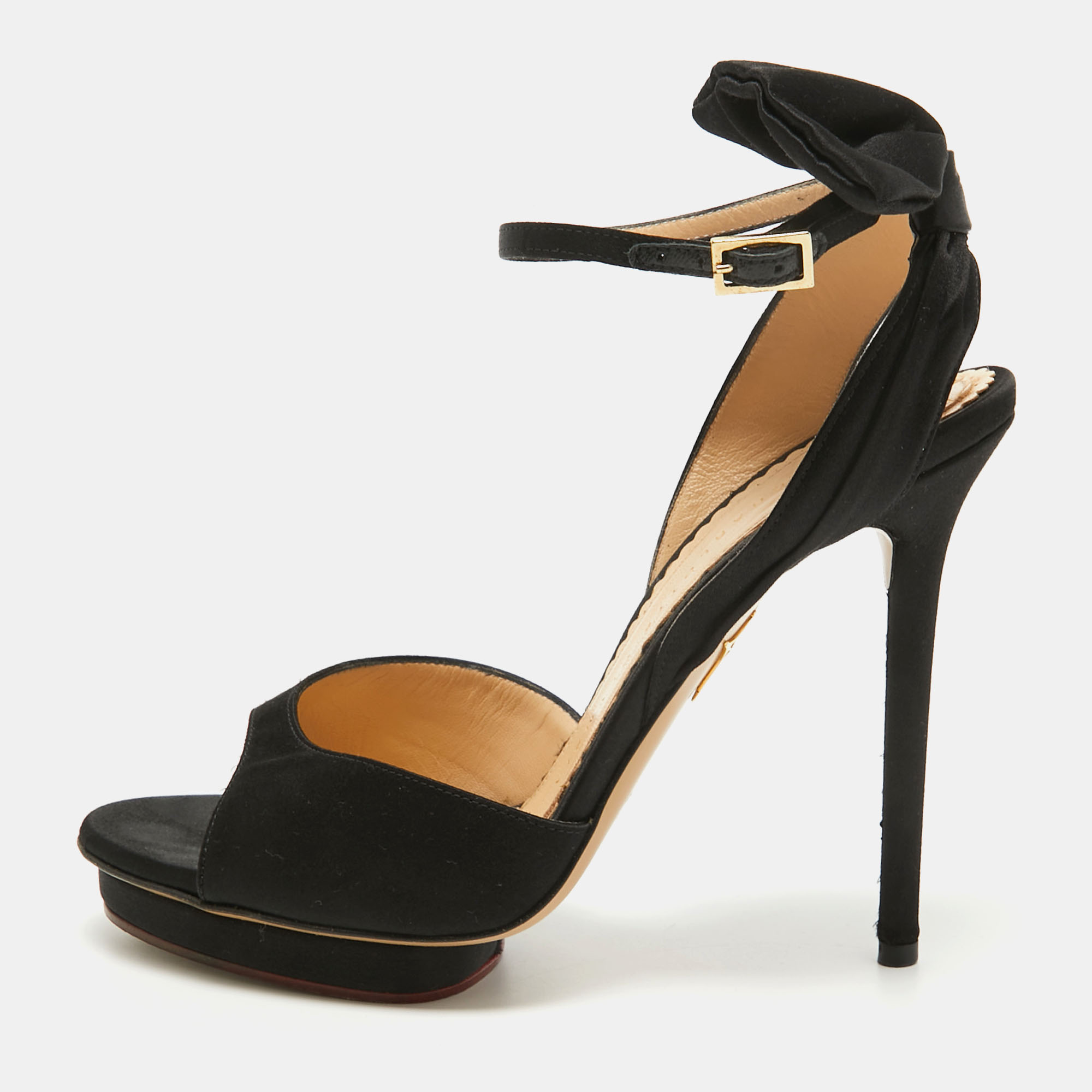 Pre-owned Charlotte Olympia Black Satin Wallace Sandals Size 38