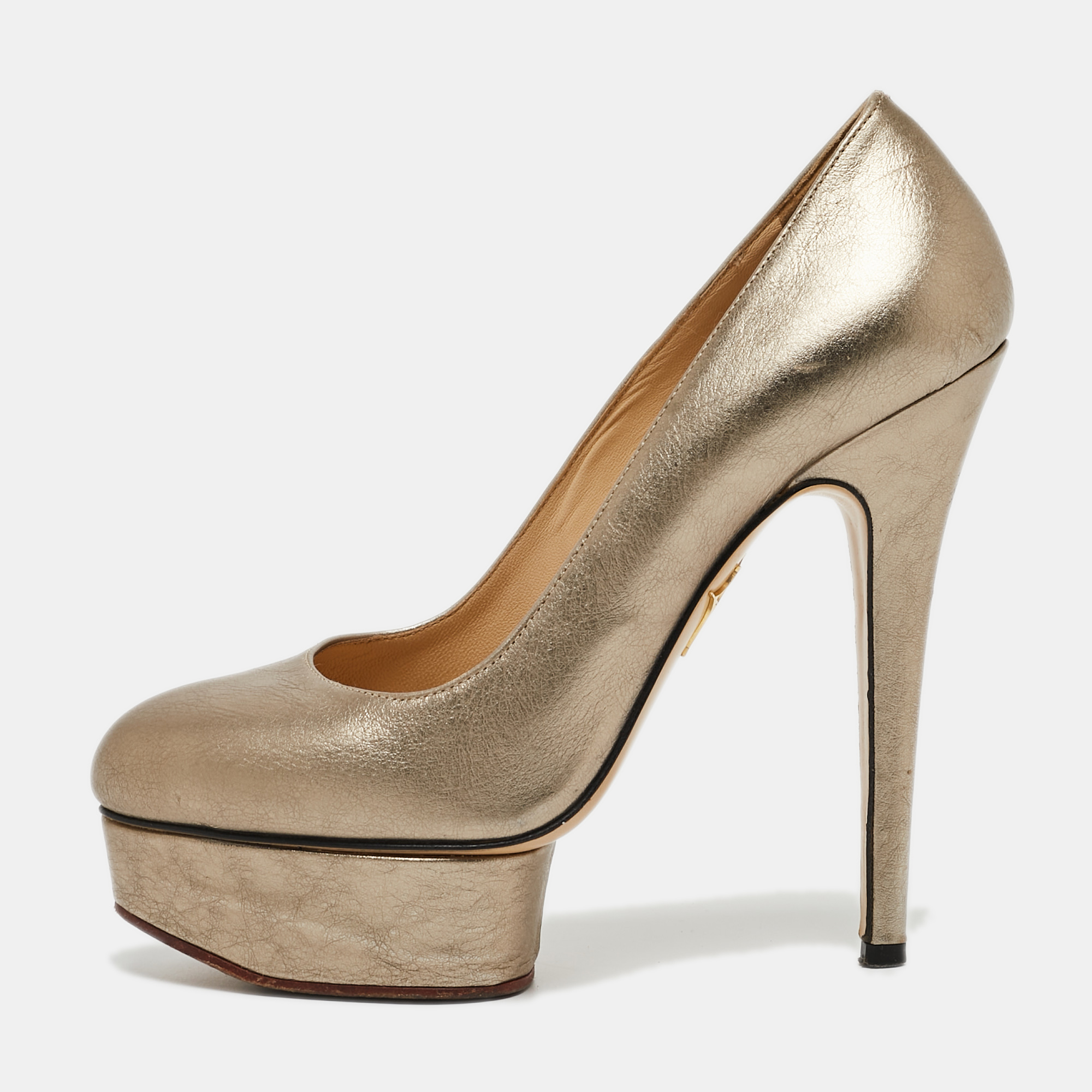 

Charlotte Olympia Metallic Leather Dolly Platform Pumps Size
