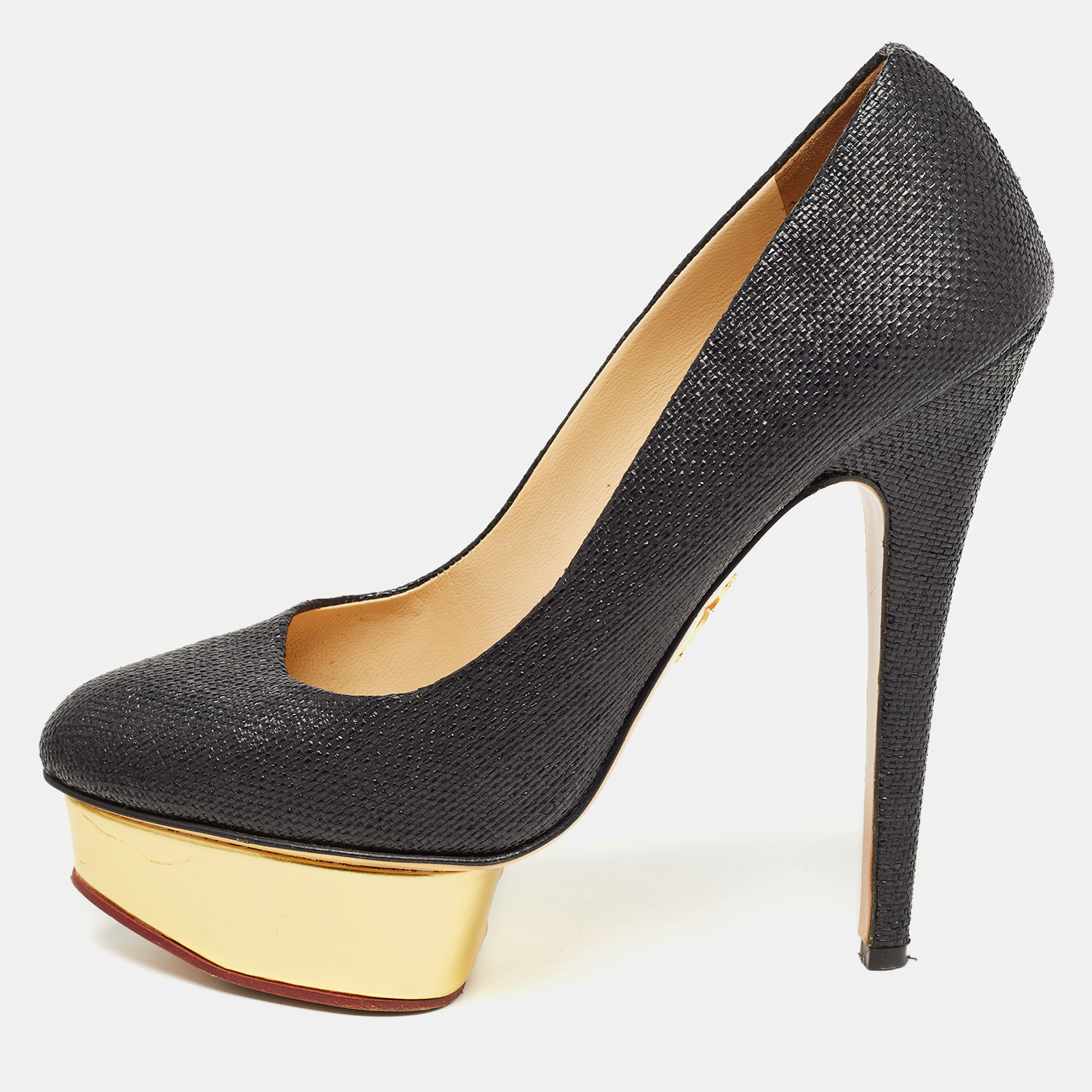 Pre-owned Charlotte Olympia Black Raffia Dolly Pumps Size 39.5