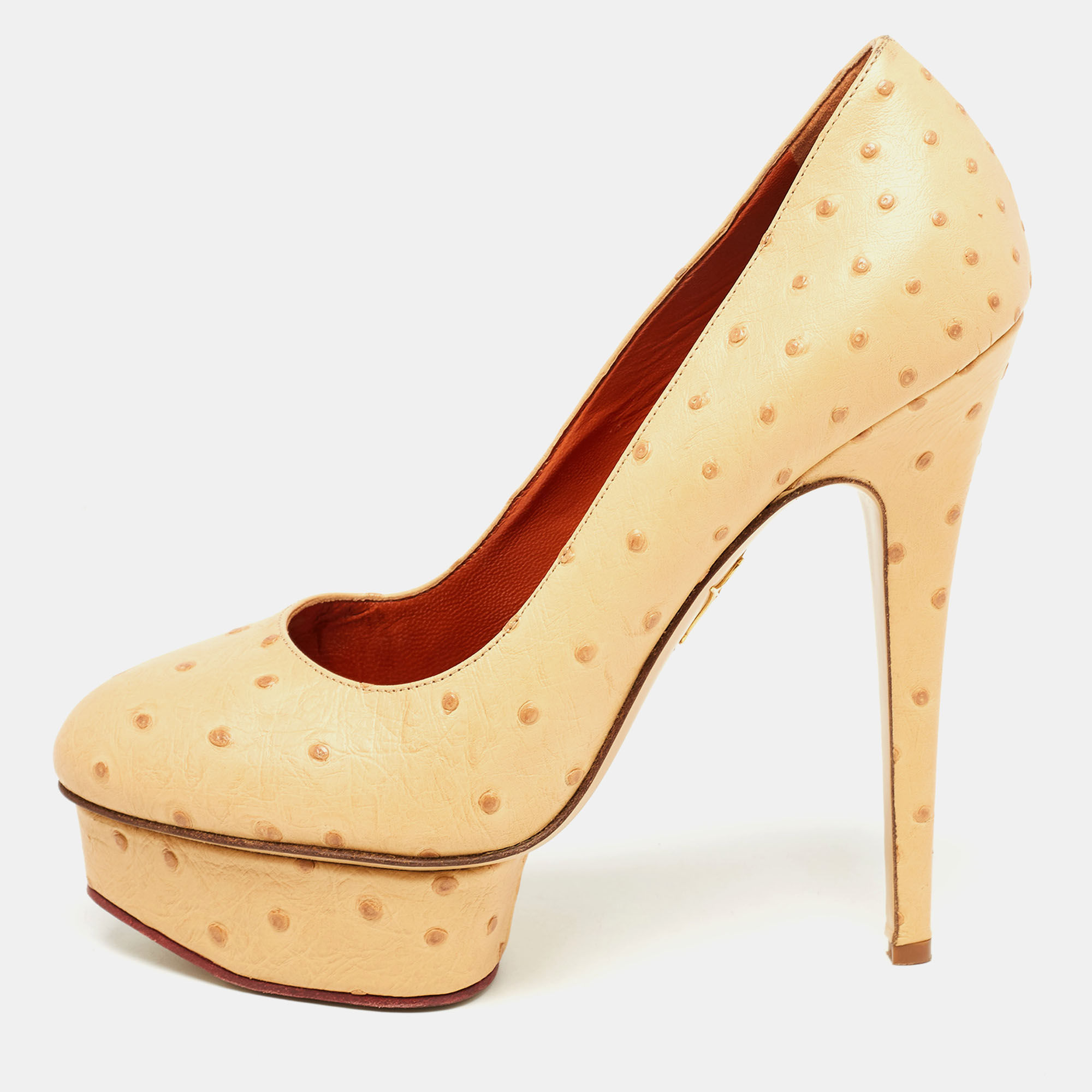 

Charlotte Olympia Beige Ostrich Leather Dolly Platform Pumps Size