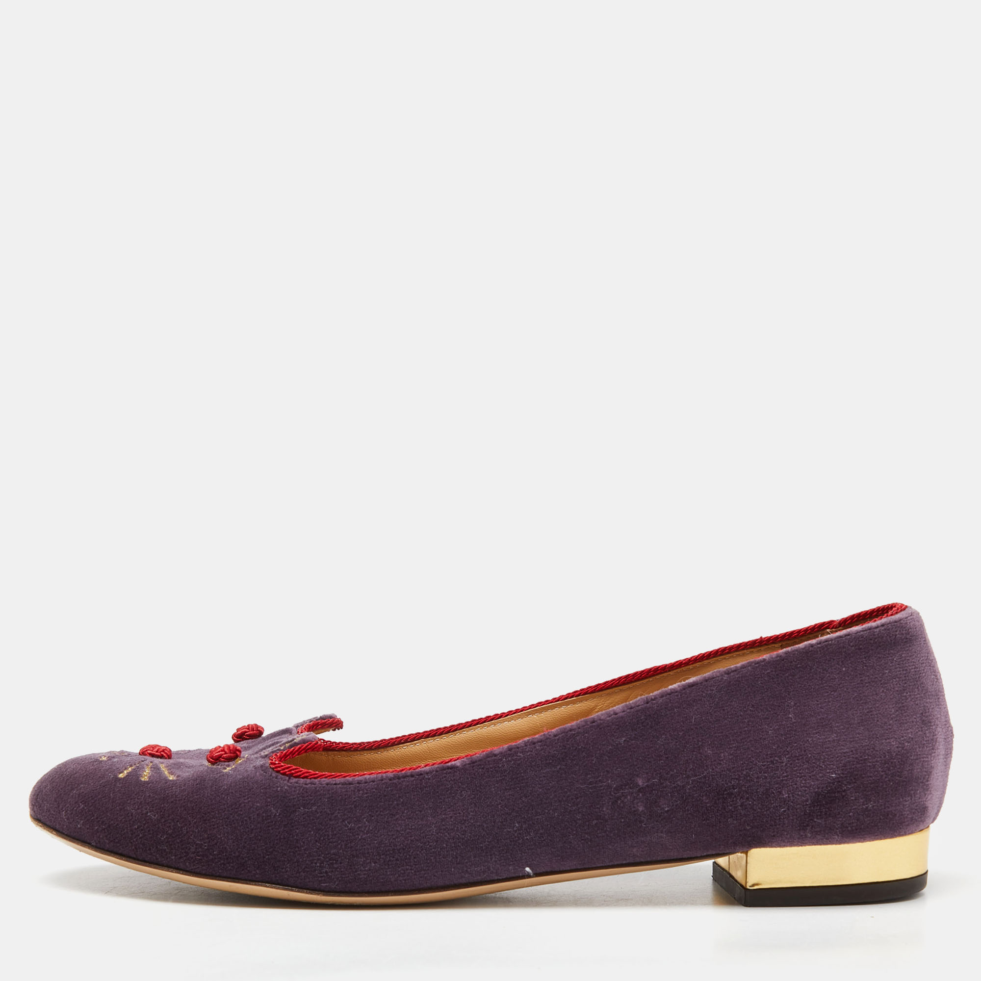 Pre-owned Charlotte Olympia Purple Velvet Emoticats Cheeky Kitty Ballet Flats Size 39.5