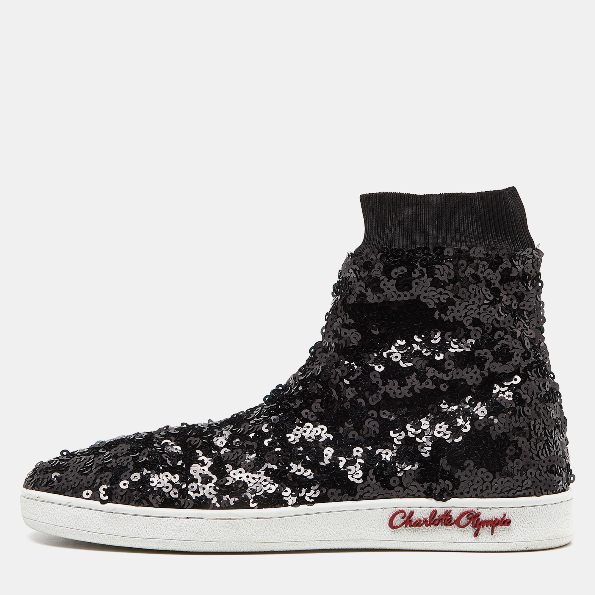 Pre-owned Charlotte Olympia Black Sequin Sock Trainers Size 39