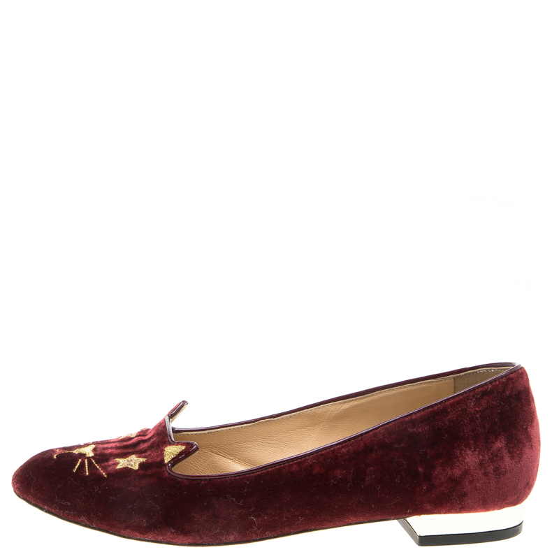 

Charlotte Olympia Burgundy Velvet Superstar Kitty Smoking Slippers Size