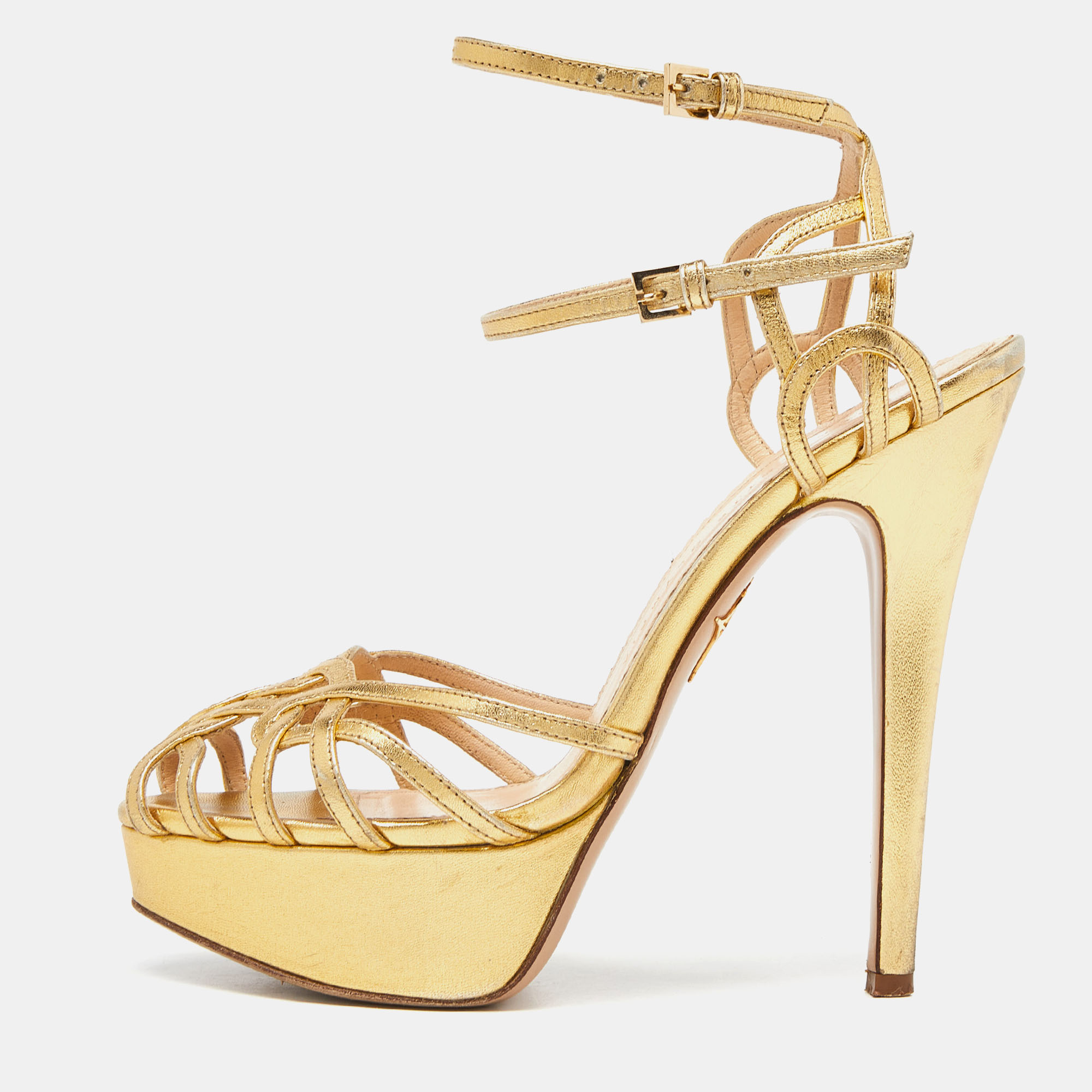 

Charlotte Olympia Gold Leather Strappy Platform Sandals Size