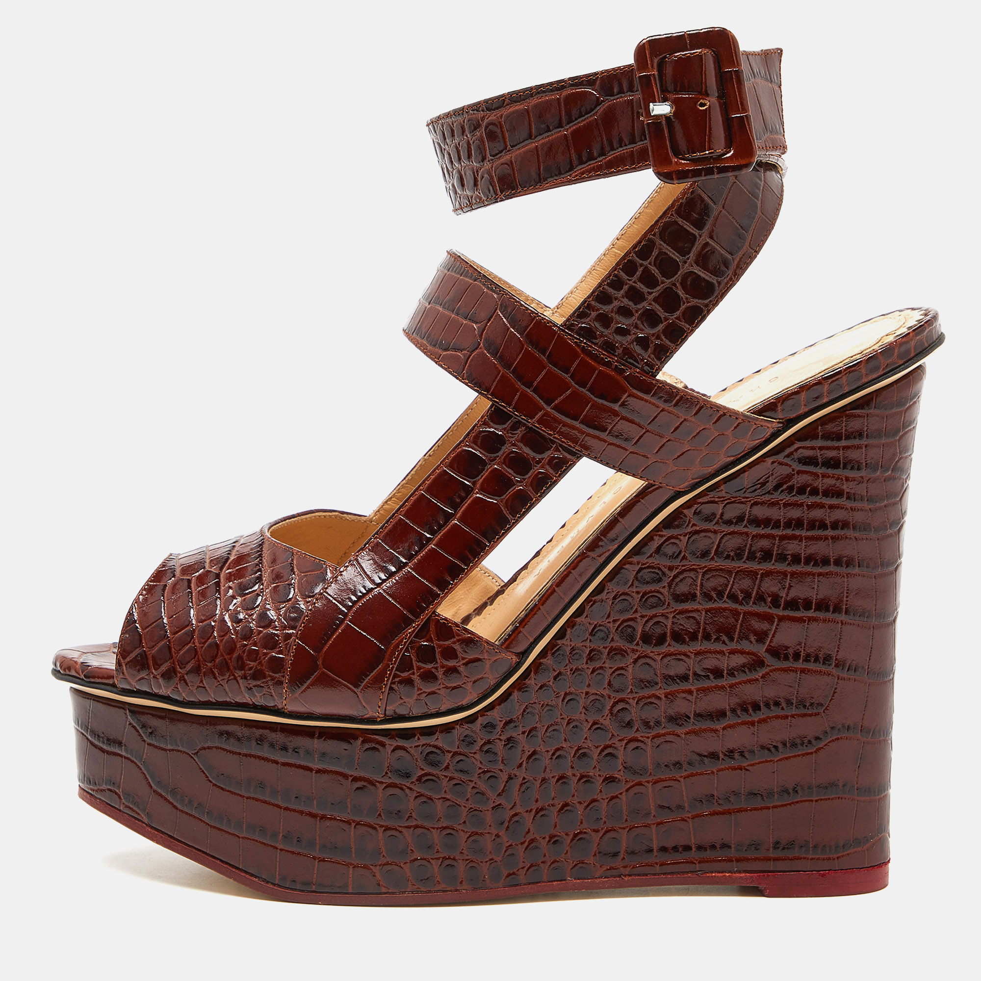 

Charlotte Olympia Brown Croc Embossed Leather Ankle Strap Wedge Sandals Size